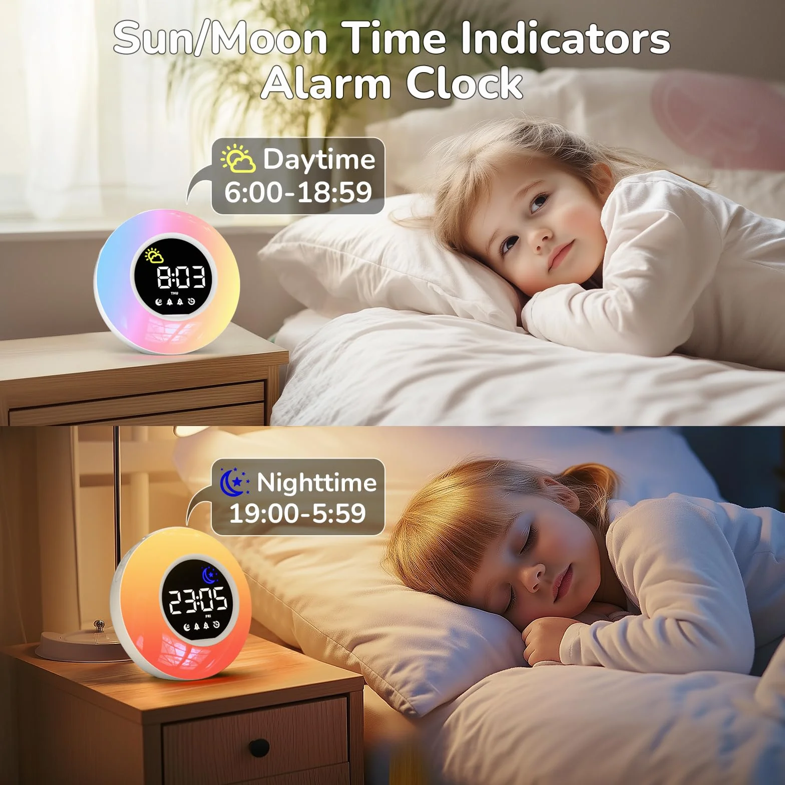 Réveil Enfant Lumineux LED RGB avec Veilleuse, Double Alarme, Minuteur, 12/24H, Adaptateur Inclus