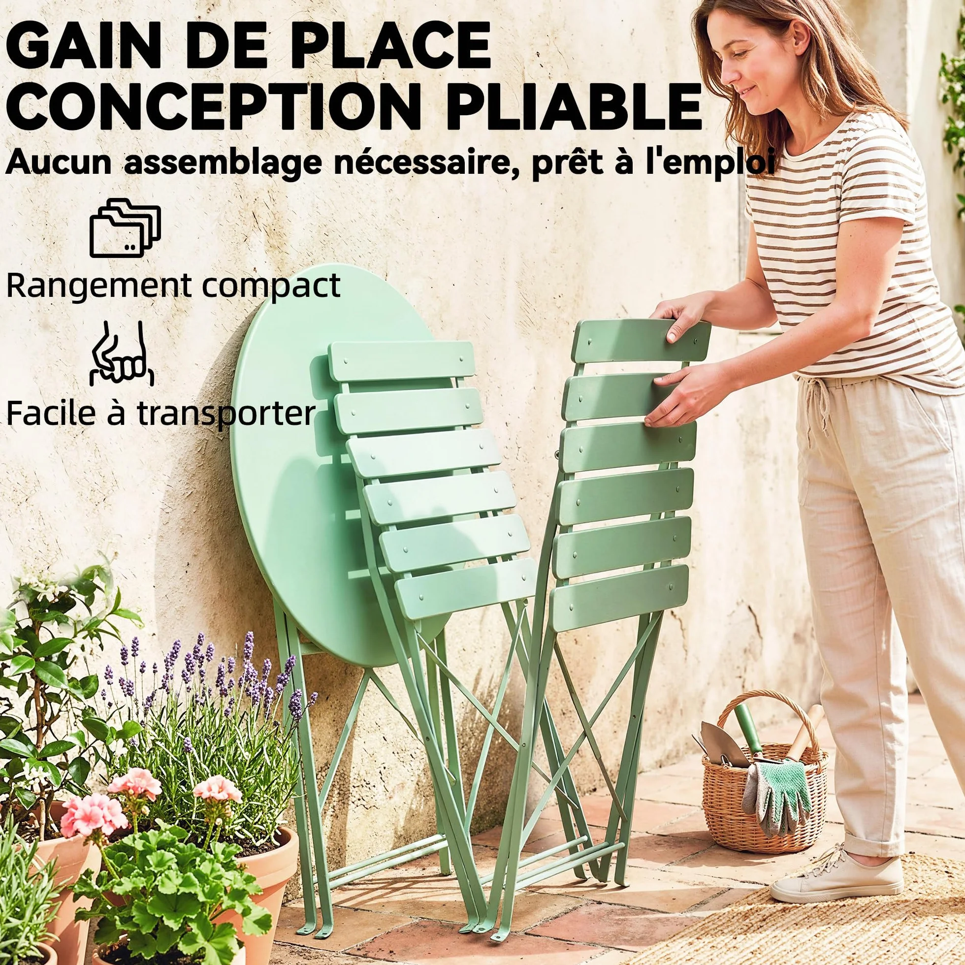 Outsunny Ensemble Bistrot de Jardin 3 Pièces Table et 2 Chaises Pliantes Métal Antirouille Vert