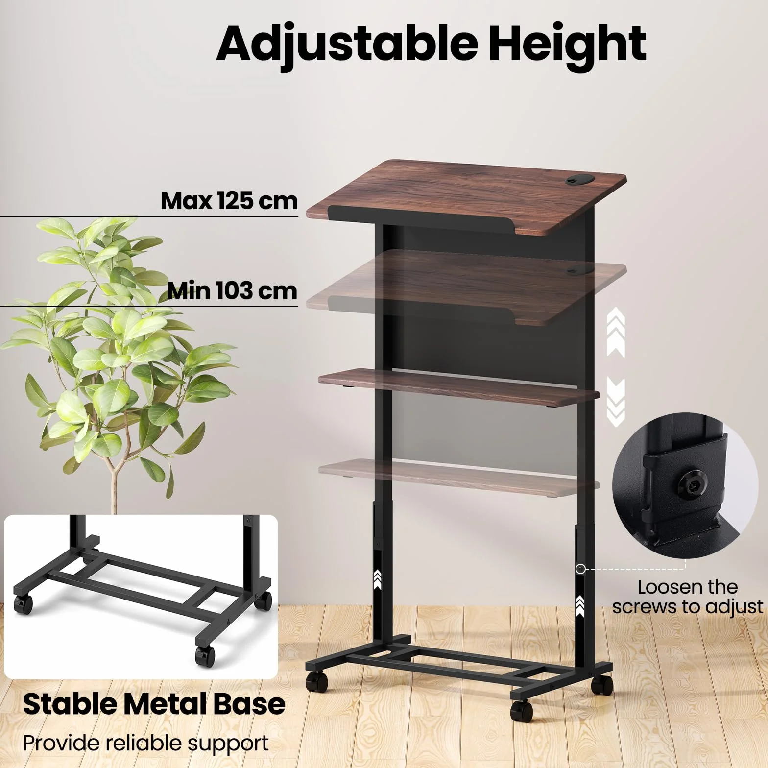 LIFEZEAL Pupitre de Conférence Mobile, Hauteur Réglable 103-125 cm, Plateau Incliné, Roues Universelles