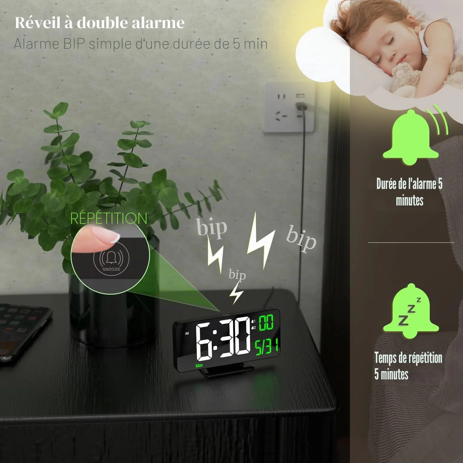 KOSUMOSU Horloge de Table Numérique 6,7 Pouces Double Alarme LED