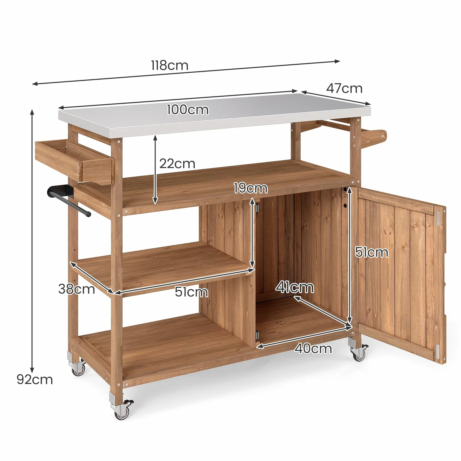 GOPLUS Desserte Jardin Barbecue en Bois, Plan de Travail Acier Inoxydable, 3 Étagères, 4 Roulettes, 47x118x92 cm