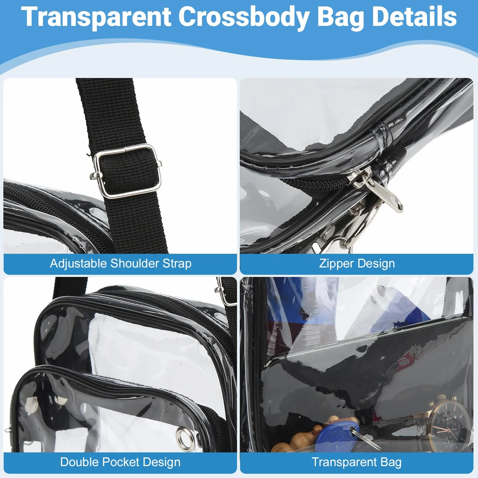 Sac à bandoulière transparent en PVC pour stade voyage plage sport