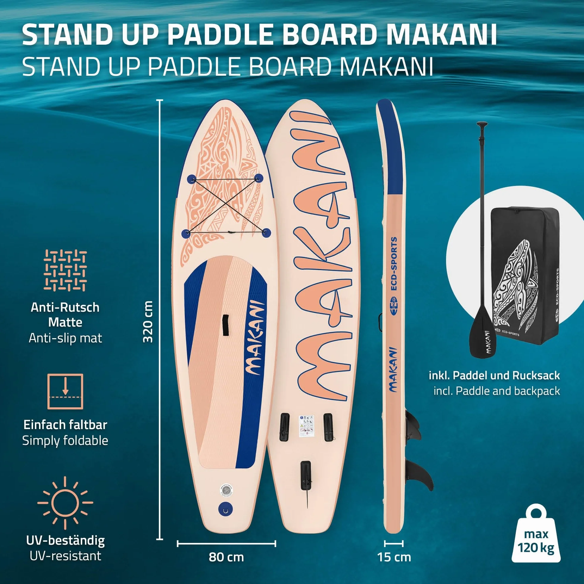 ECD Germany Stand Up Surf Paddle Board Gonflable 305/308/320/380 cm | PVC | jusqu'à 120/150 kg | Épaisseur 10/15 cm | Planche de Surf Pagaie Sac de Transport Pompe à Air | Diverses Couleurs Modèles