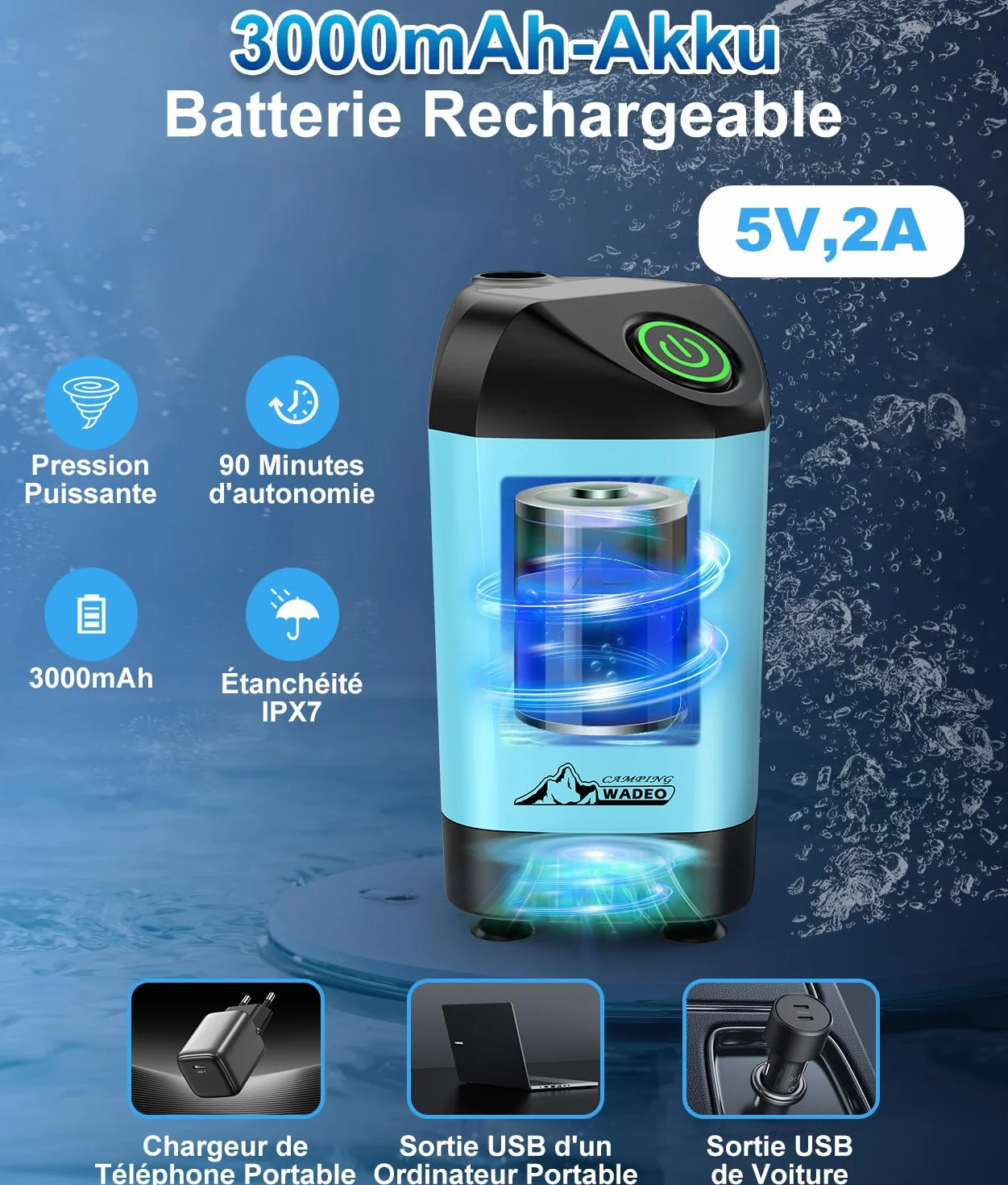 WADEO Douche Portable Camping, [Seau Pliable 20L] Douche Extérieure Électrique Rechargeable pour Camping, Vanlife, Randonnée, Voyage, Plage, Chien, Camping-Car