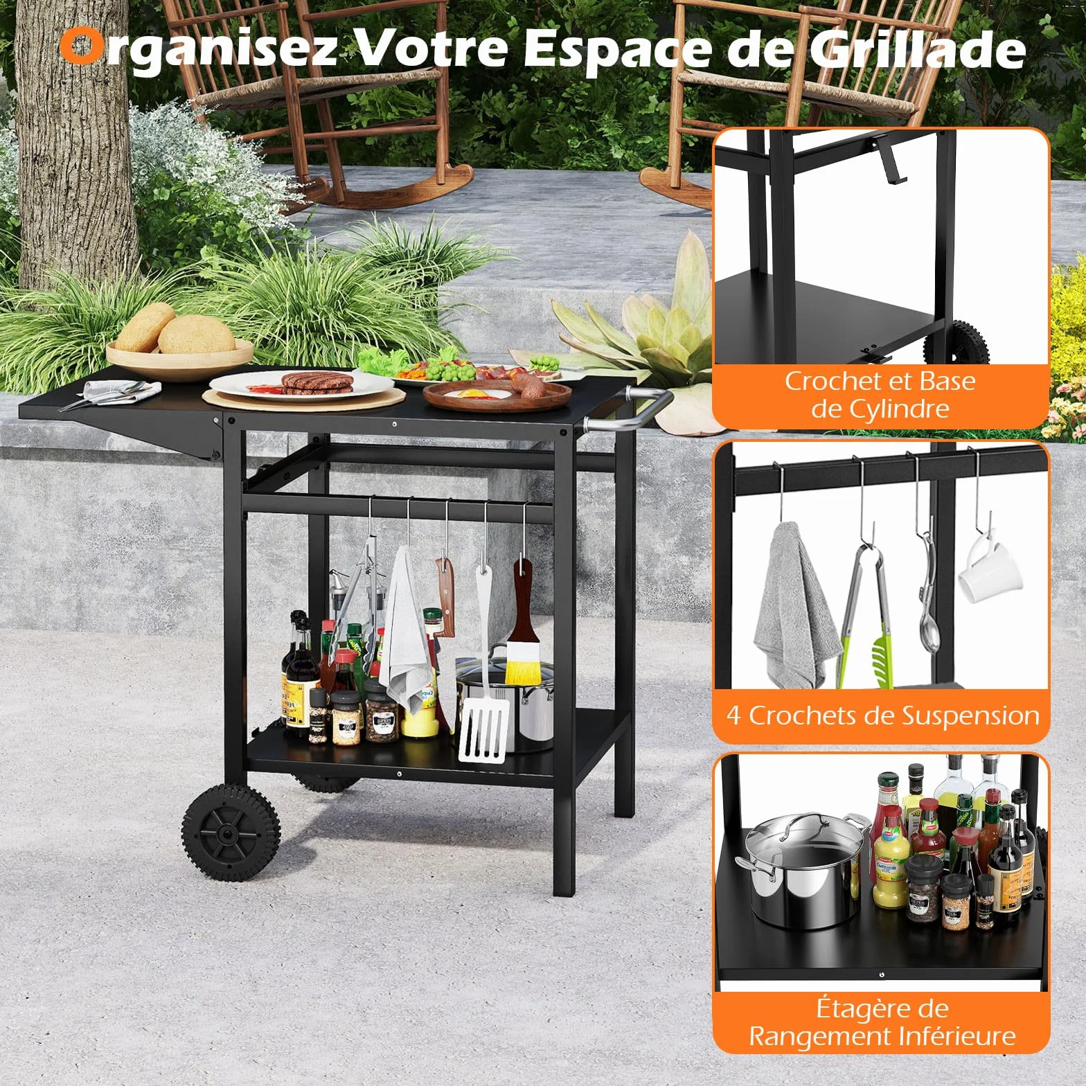 GOPLUS Desserte Jardin Chariot Barbecue avec 2 Roues, Plateau Pliant, 96,5x64x75cm, Noir