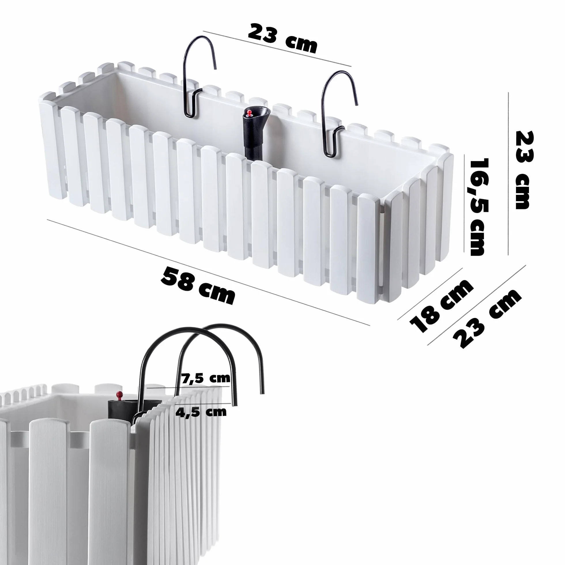 KADAX Jardinière de Balcon 60 cm – Pot de Fleurs en Plastique Aspect Lattes, Blanc