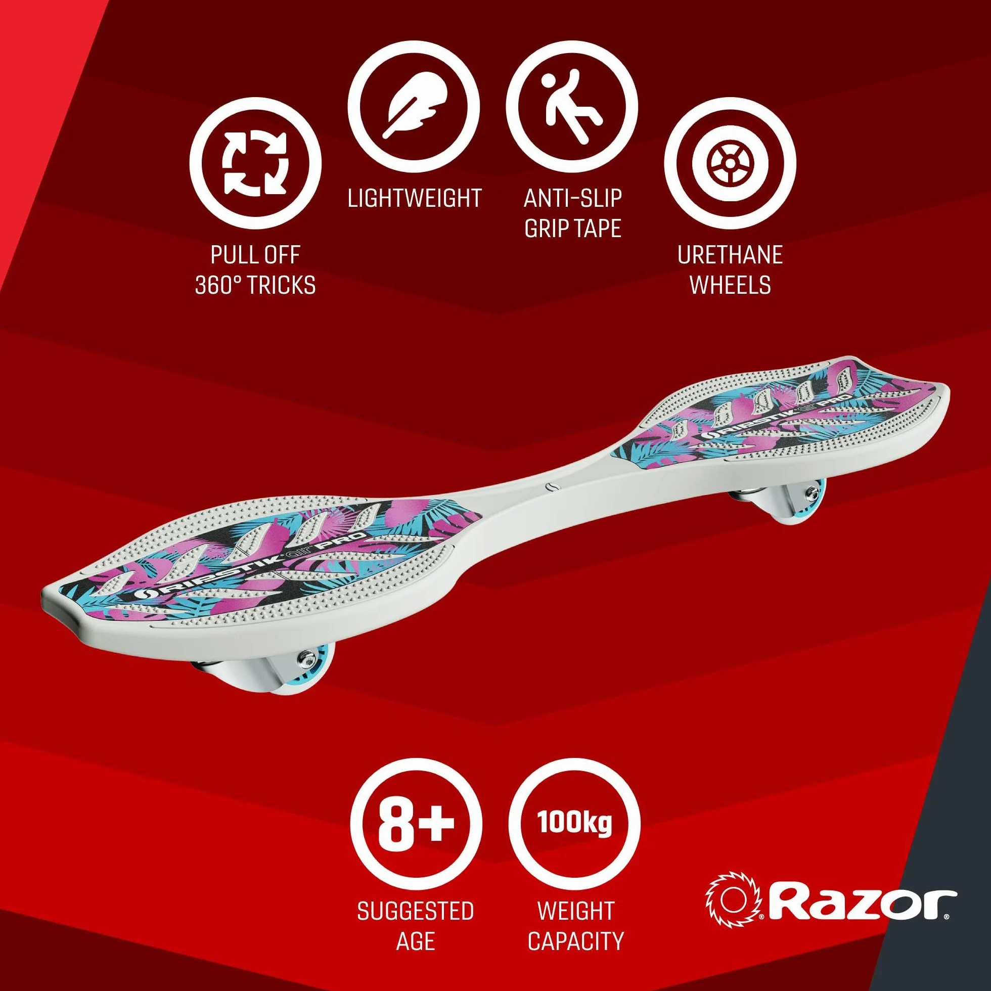 Razor RipStik Ripster Air Pro Waveboard - Planche à roulettes compacte et légère pour Les 8 Ans et Plus, supporte Les Riders jusqu'à 100KG (220Lbs), Blanc