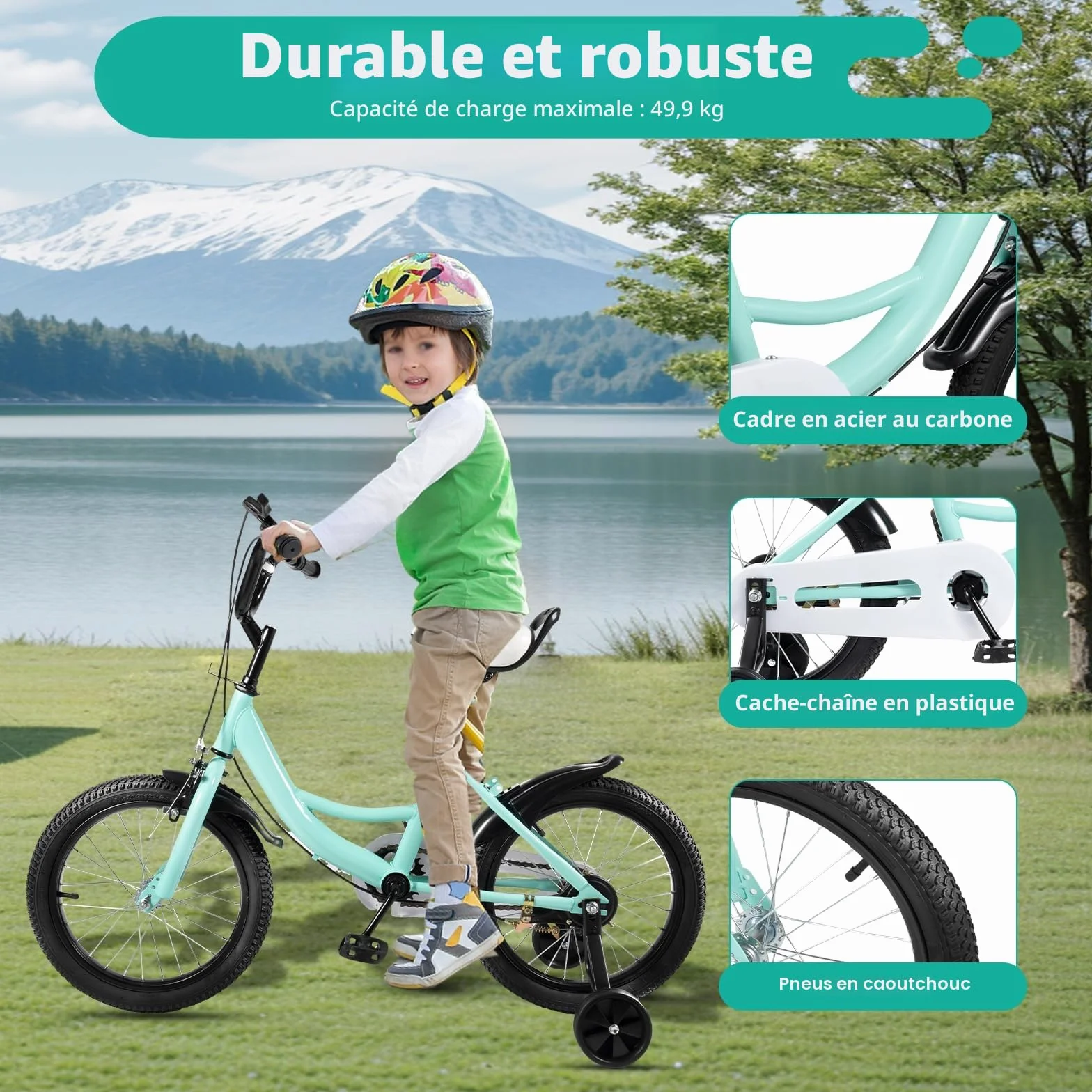 Vélo pour Enfant de 16 Pouces pour Fille Vert, vélo pour Enfants à partir de 5 à 8 Ans (100-135 cm), Cadre en Acier au Carbone, Selle et Guidon réglables en Hauteur, Roues stabilisatrices