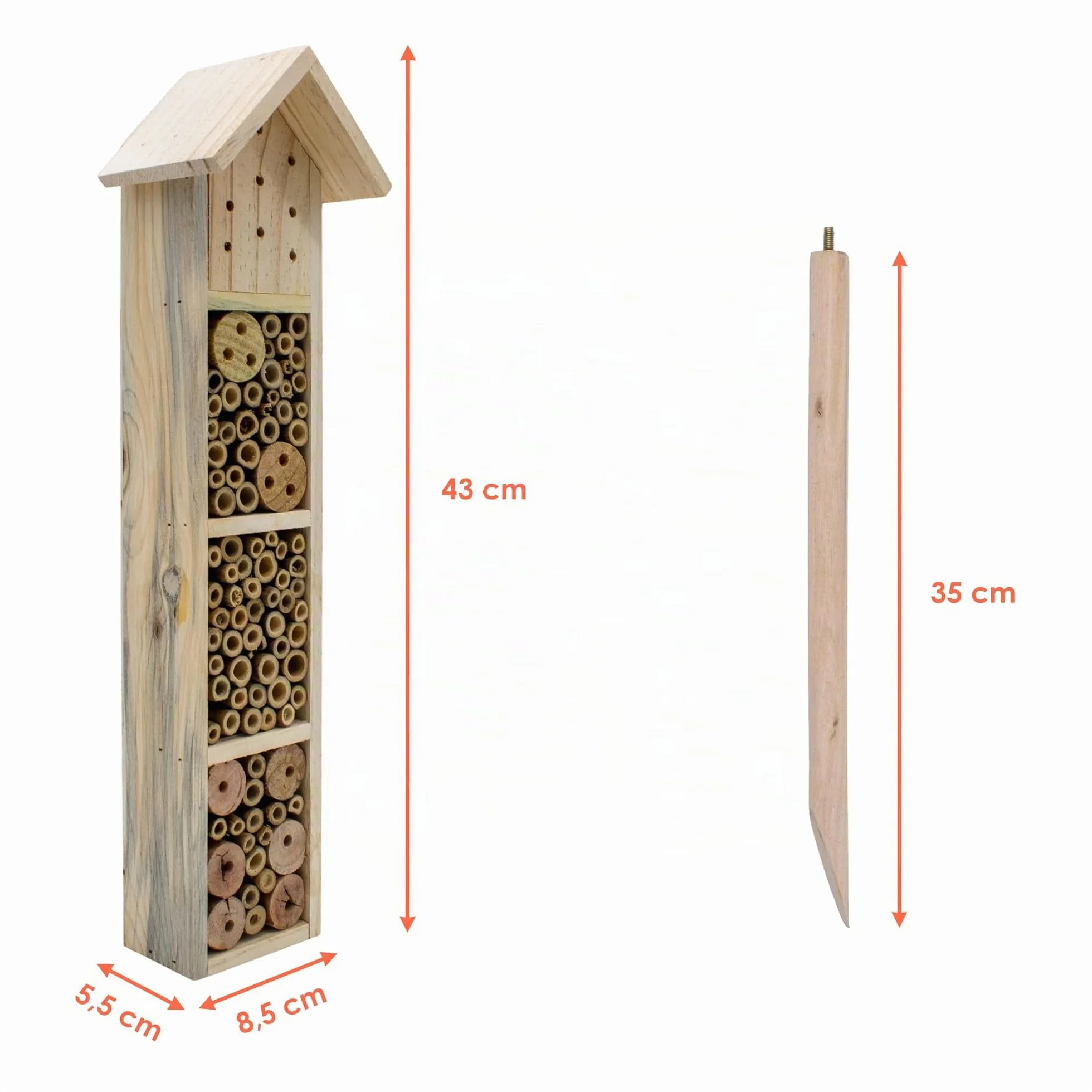 Hôtel à insectes en bois avec piquet de terre H 78 cm - Maison à abeilles et bourdons