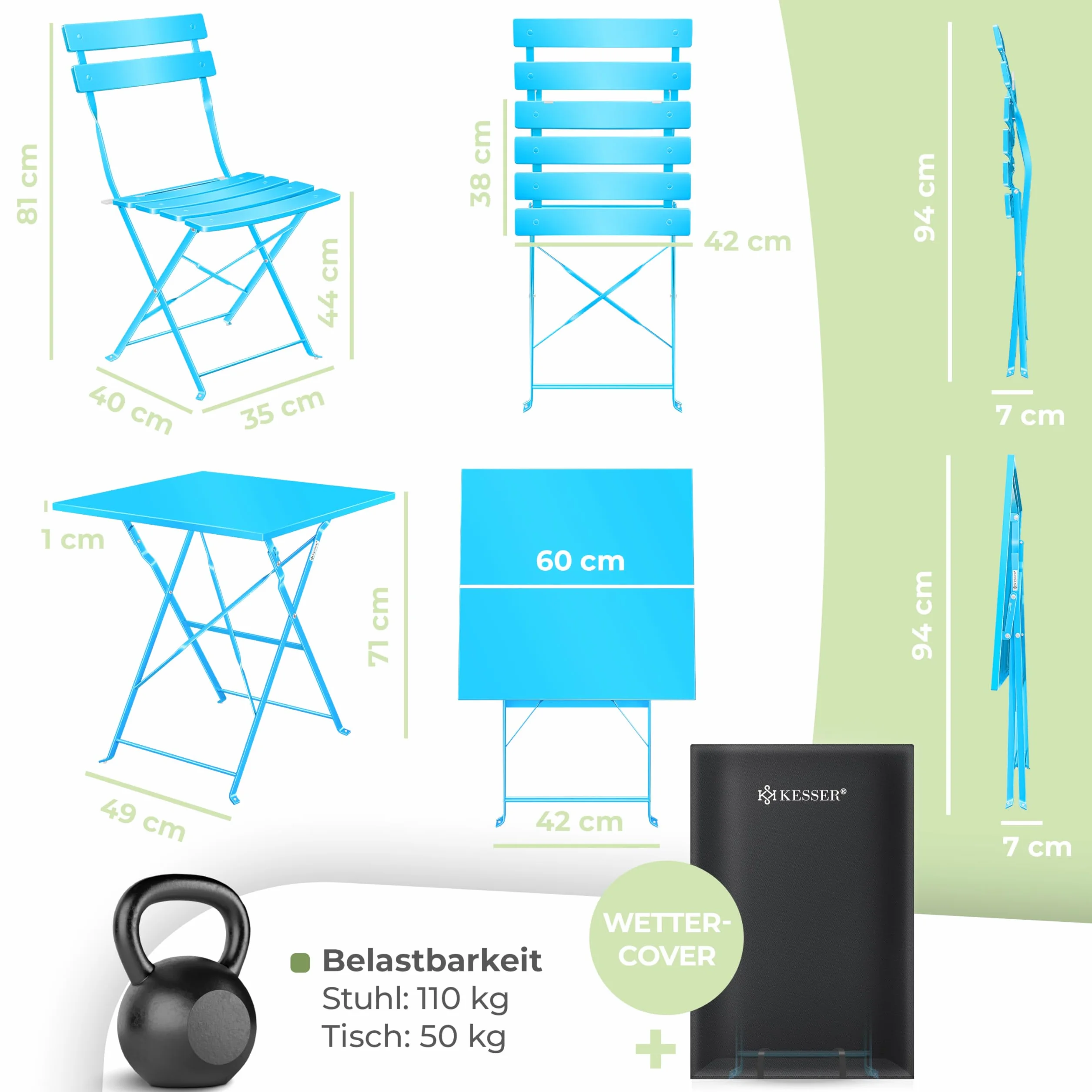 KESSER Ensemble de bistrot 3 pièces table et 2 chaises pliantes Mobilier de jardin extérieur résistant aux UV intempéries
