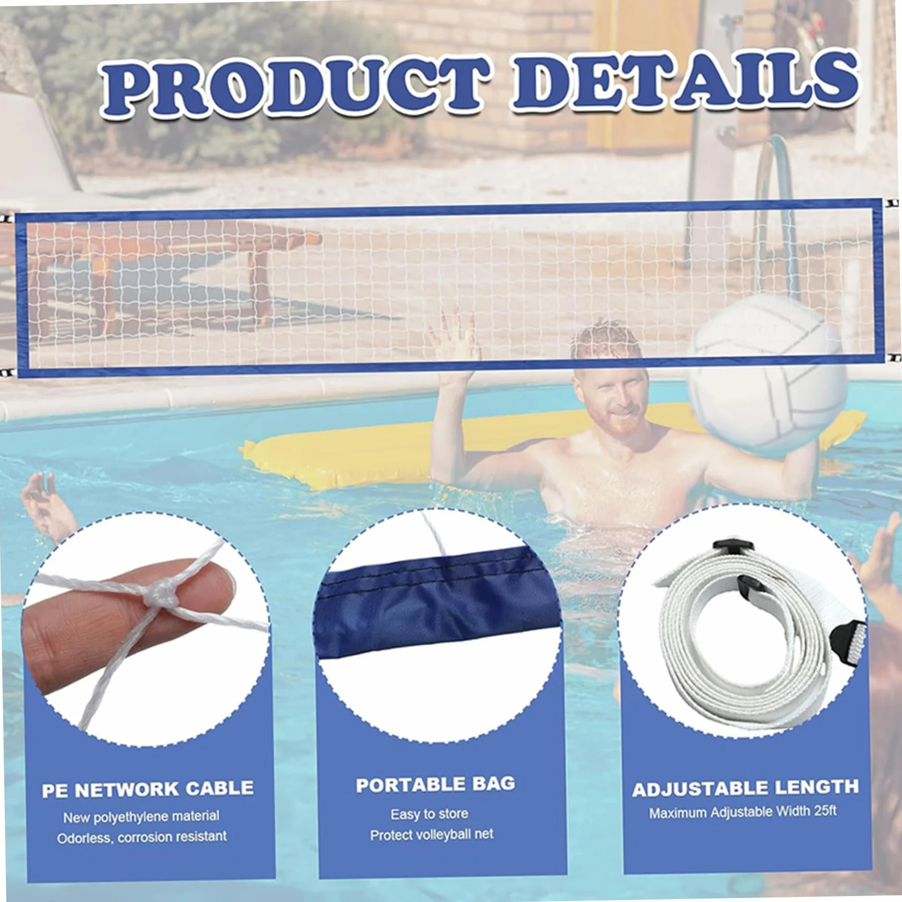 Filet Volleyball Piscine 15×3 Pieds avec Sac Portable, Jeux d'Eau Extérieur