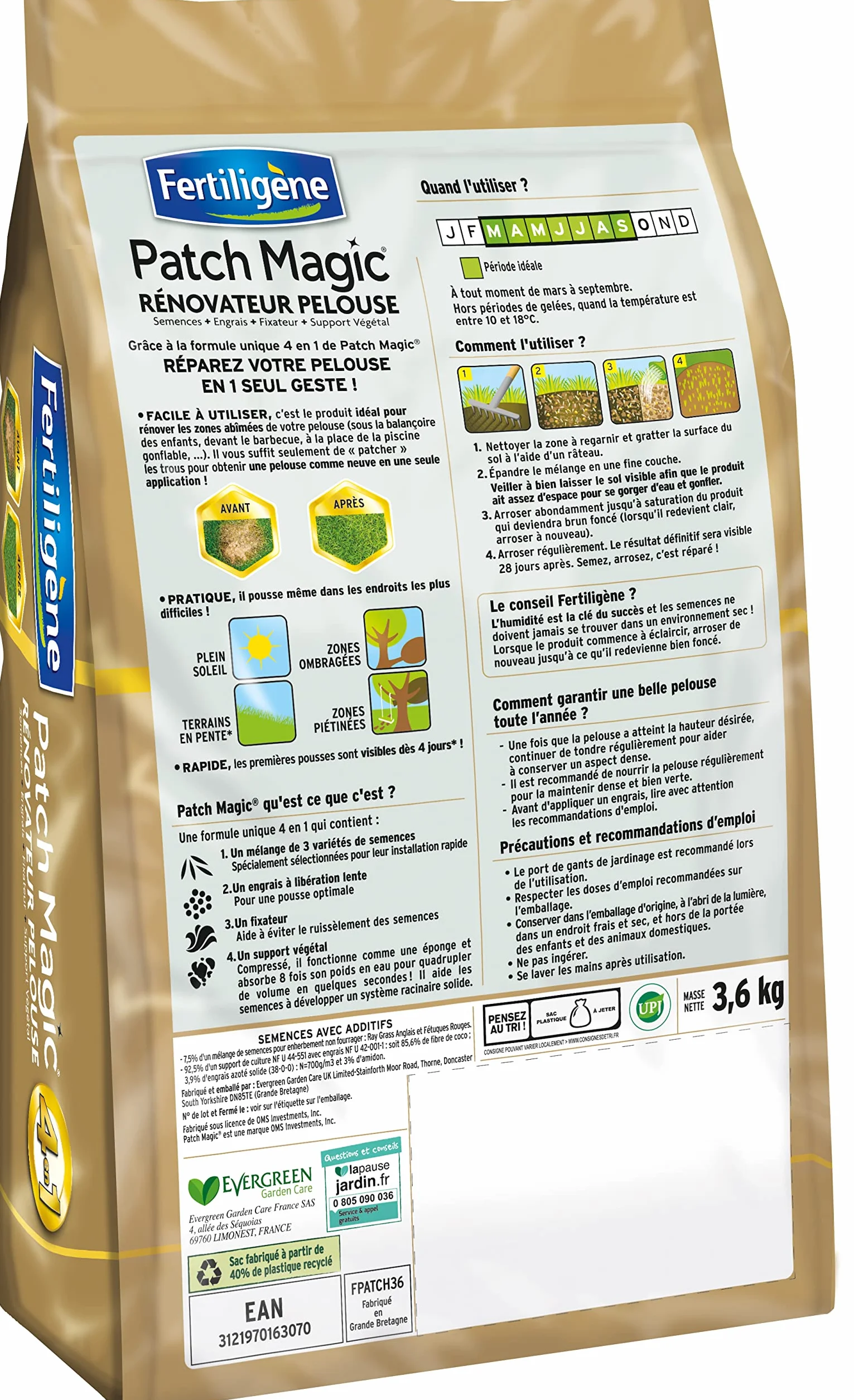 FERTILIGÈNE Patch Magic Rénovateur de Pelouse 3,6kg – Formule 4-en-1 – Pour 16 m²