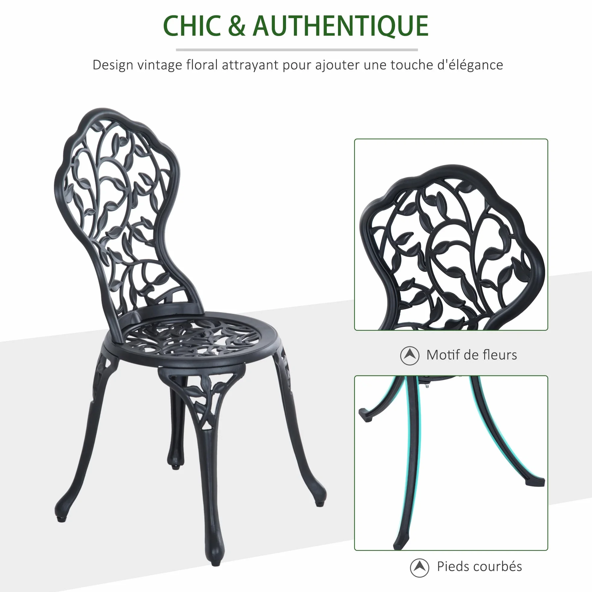 Outsunny Ensemble de bistrot 3 pièces Fonte Aluminium Table Ronde Noir Jardin extérieur