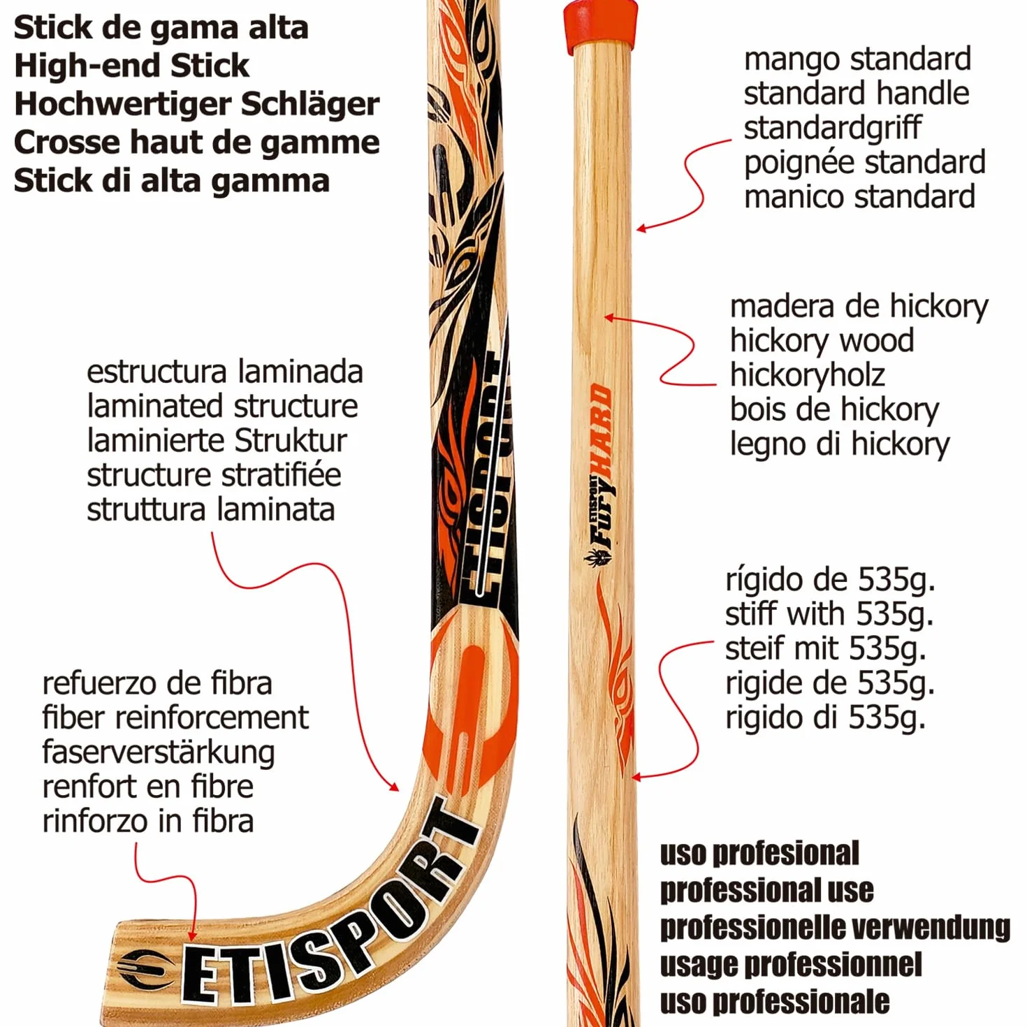 Professionnelle Crosse Rink Hockey Fury Hard Rigide Poids Moyen-élevé Manche Hickory Plus épais Palette laminée Fibre extérieure