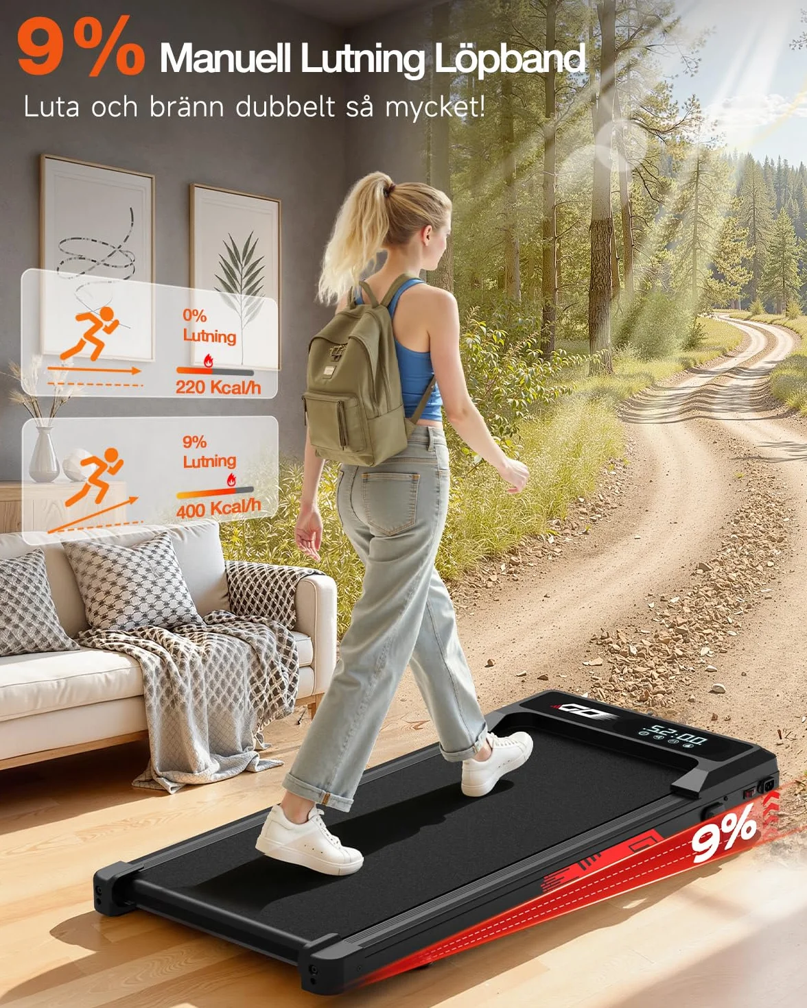 Tapis de Course et de Marche 3 en 1 avec Pente 9%, Tapis Roulant Walking Pad Pliable 1-10 km/h, Moteur sans Balais Silencieux 3,0 HP, 140 kg, LED, Amorti