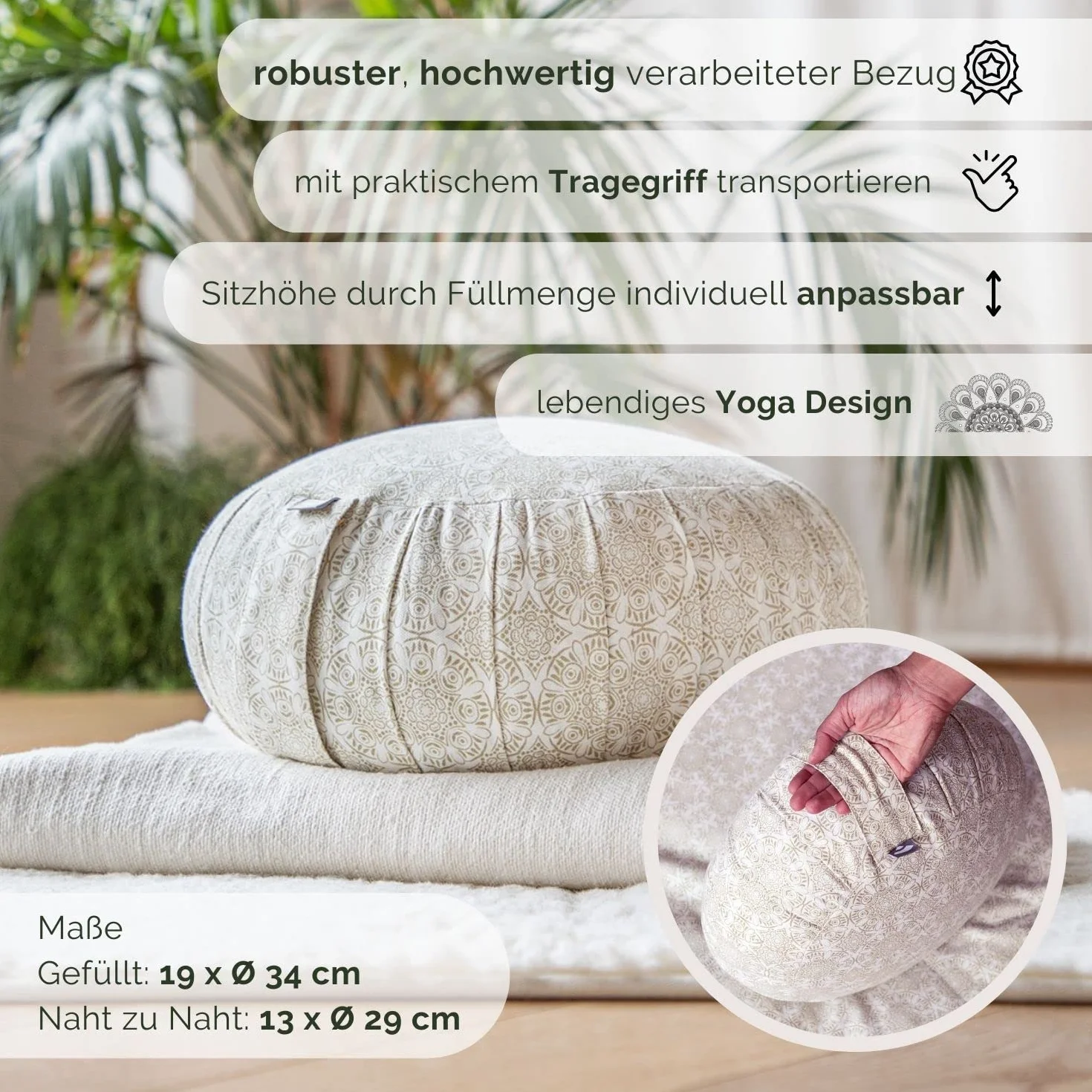 Bodhi Coussin de méditation ZAFU | Plis Extensibles et poignée de Transport Pratique | Housse en 100% Coton | Remplissage épeautre Bio | Hauteur 19cm | Collection Maharaja (Lotus Berry)
