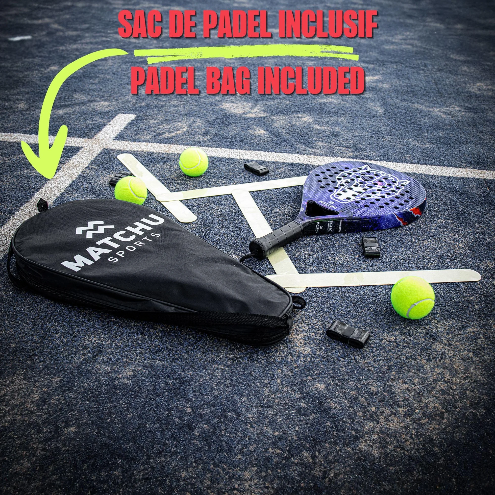 Raquette de Padel MATCHU avec Sac de Transport - EVA Foam 3D Grip Technology - 100% (3/18K) Carbon