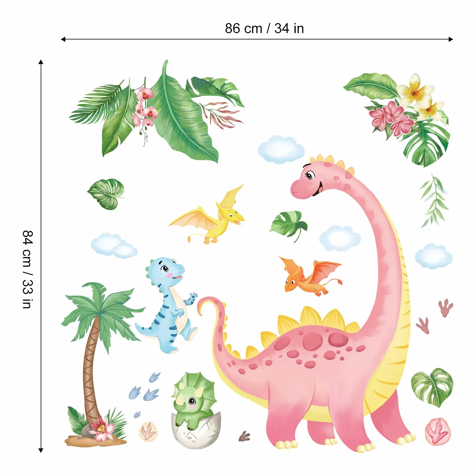 Autocollants Muraux Dinosaure Aquarelle Rose Dino Empreinte Nuages PVC Amovible Enfants Chambre