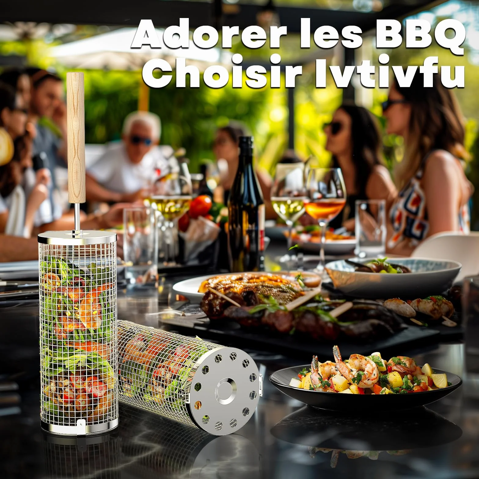 Panier à Barbecue Roulant en Acier Inoxydable 304, Poignée Détachable, Gigogne, Accessoires Grille à Légumes