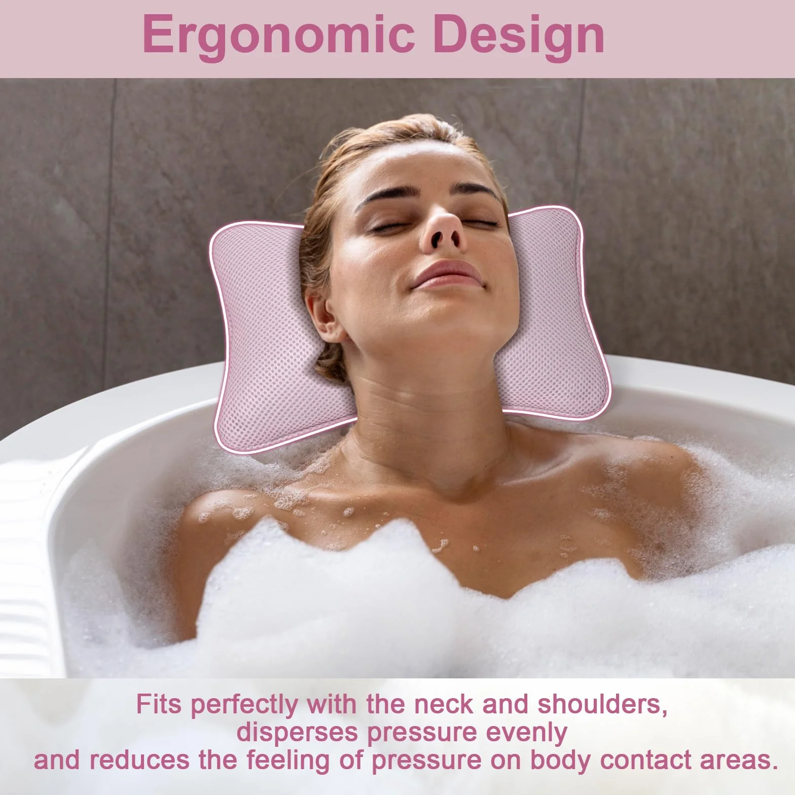 Oreiller de Bain Antidérapant avec Ventouse Ergonomique pour Nuque Rose