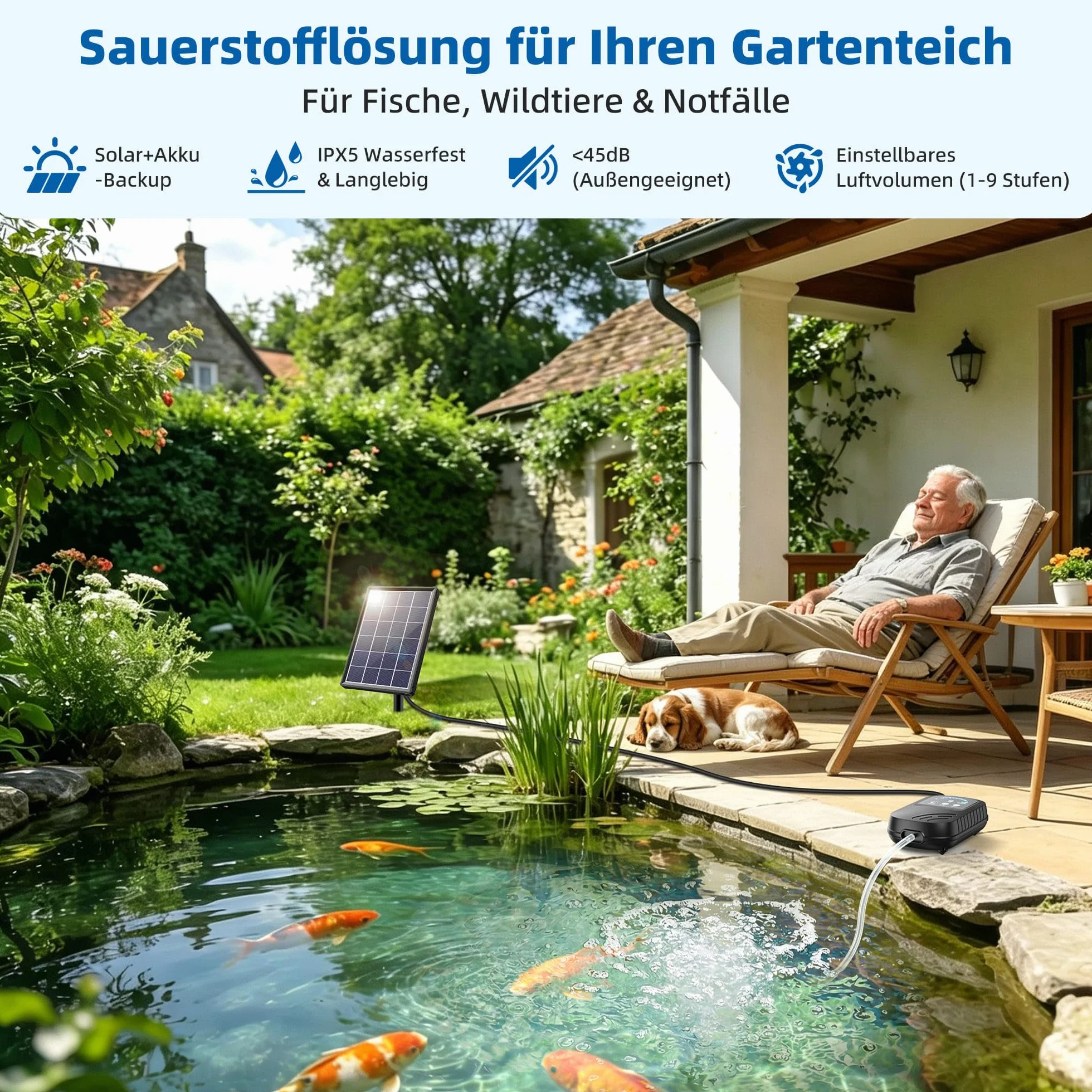 Biling Aérateur de Bassin Solaire 4 W avec Batterie 2200 mAh - Pompe à Oxygène Silencieuse IPX5 pour Bassin de Jardin