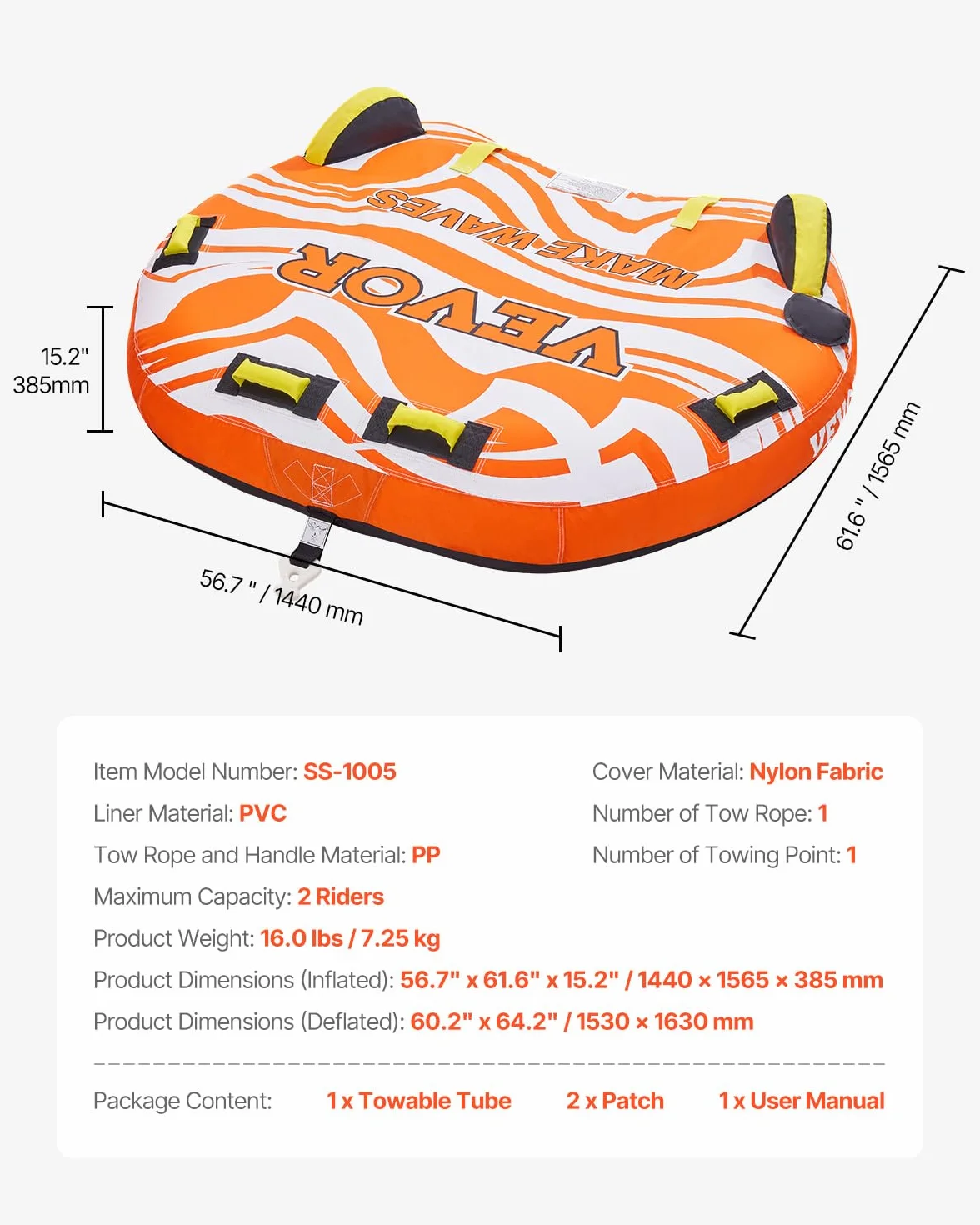 VEVOR Bouée Tractée Gonflable pour Tubing Bateaux, Bouée de Jeux Aquatiques pour 1-2 Passagers, Capacité de Charge de 154 kg, avec Ailerons, Housse en Nylon à Double Couture et Poignées Rembourrées