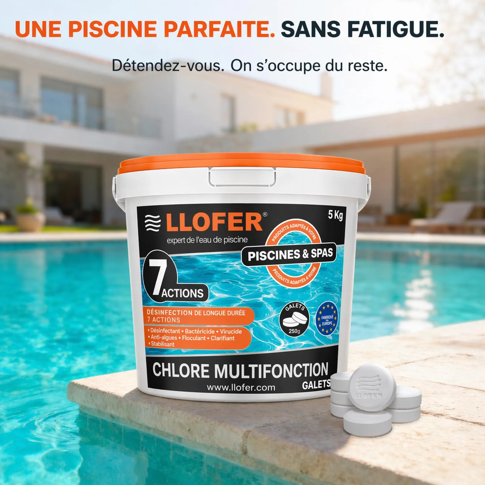 Chlore Multifonction en Galet 250g-5kg Désinfection Longue Durée 7 en 1 Haute Teneur 92% Fabriqué en Europe