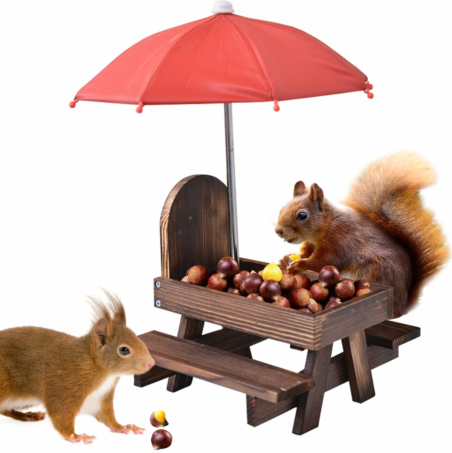Mangeoire pour écureuils avec parapluie, table de pique-nique en bois, station d'alimentation résistante aux intempéries