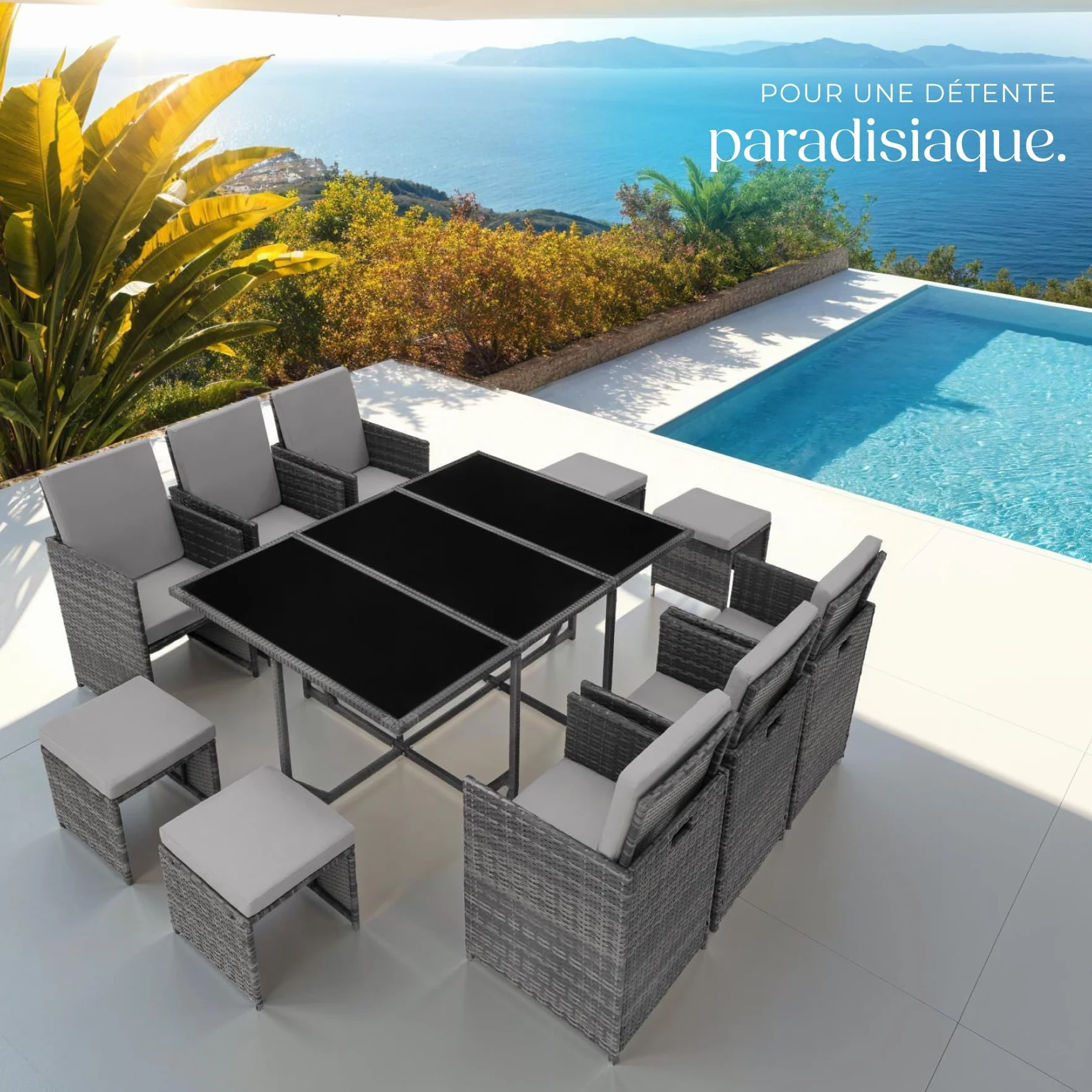 tectake Salon de Jardin Résine Tressée Poly Rotin Table 10 Personnes 6 Fauteuil 4 Tabouret Pouf Housse Protection