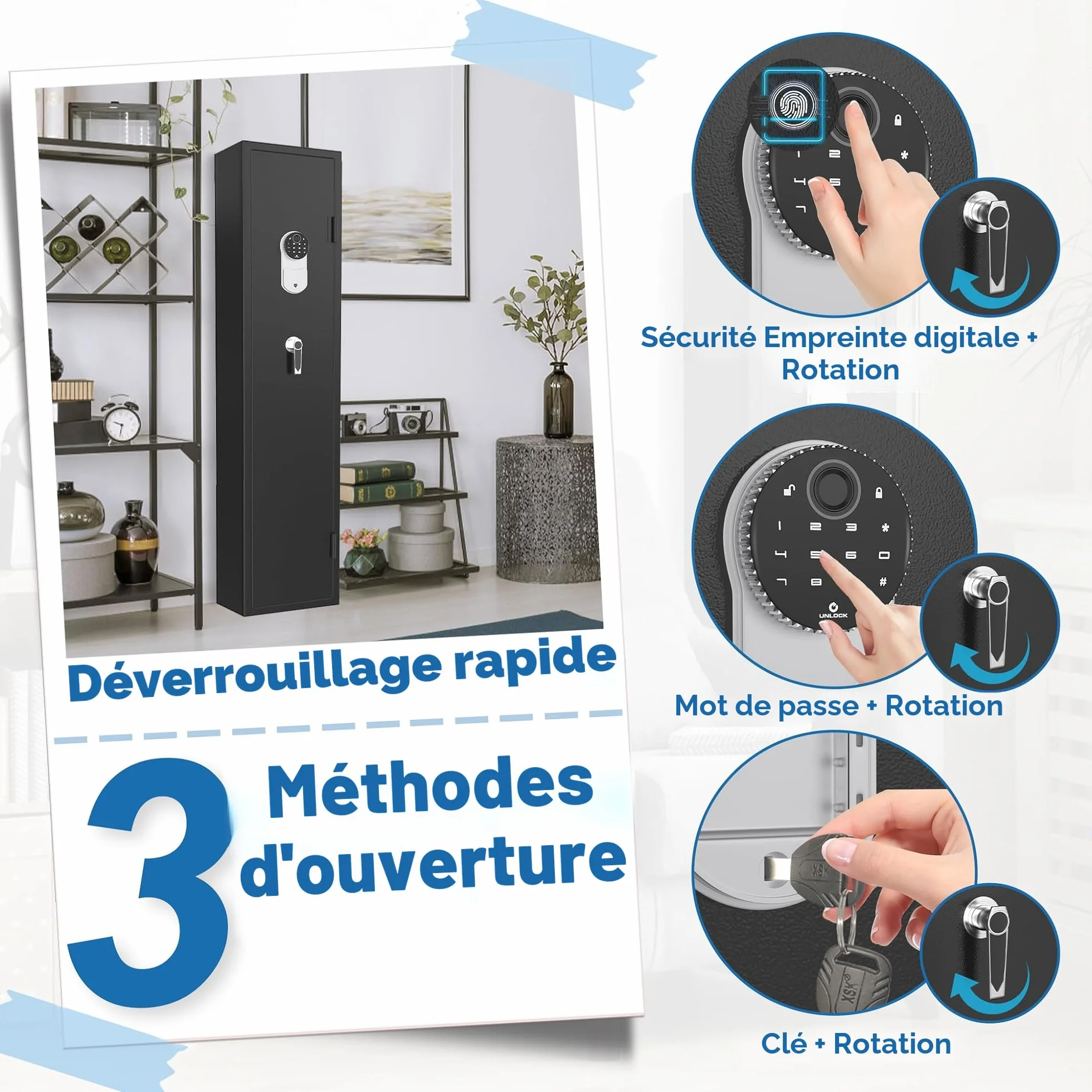 NAIZY Armoire à armes 30 x 28 x 138 cm avec serrure à combinaison tactile et serrure à empreintes digitales et clé - Armoire à armes longues - Armoire à munitions - Pour 3 à 5 fusils