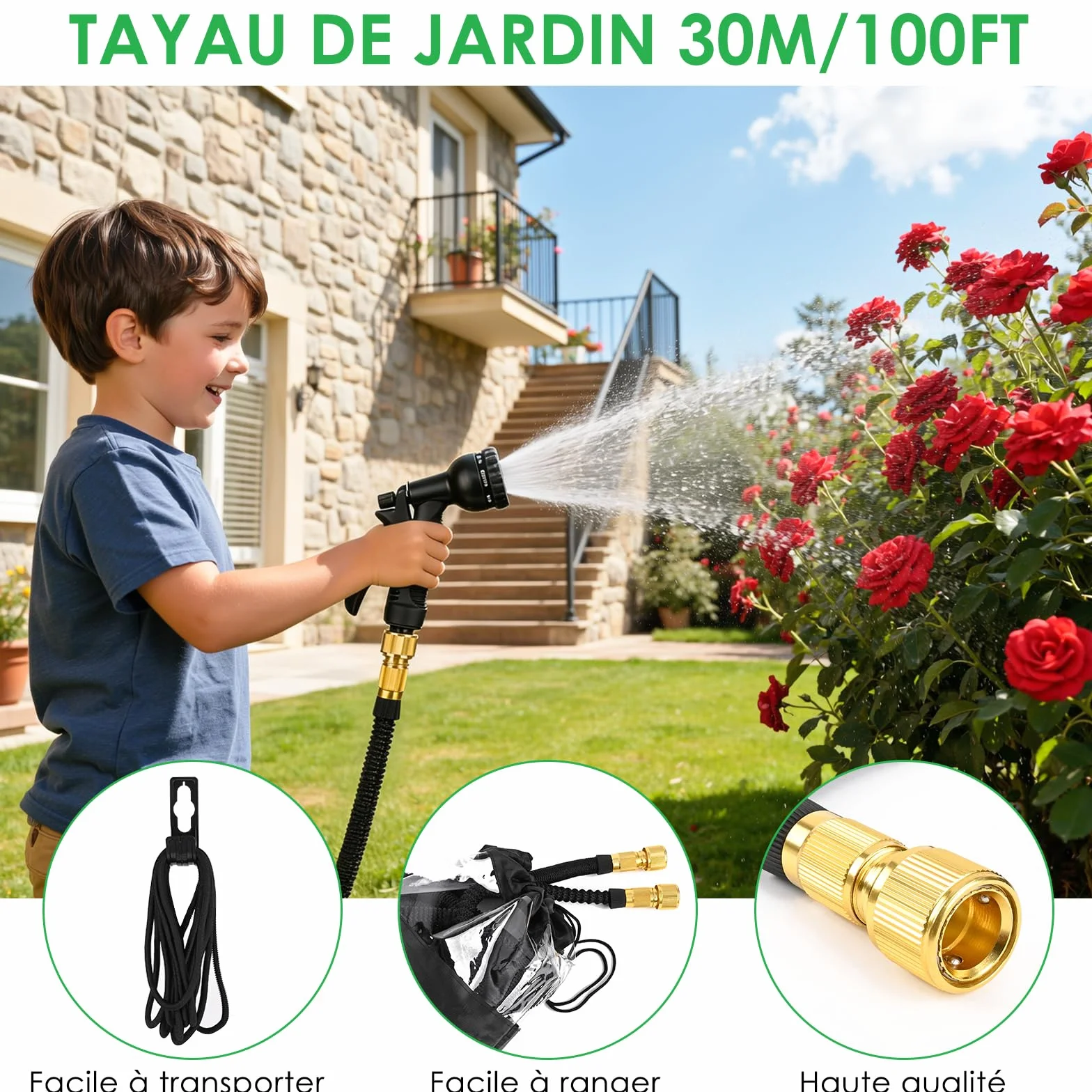 Tuyau d'arrosage extensible 30M 100FT avec pistolet 8 fonctions adaptateurs 1/2'' 3/4'' jardin noir