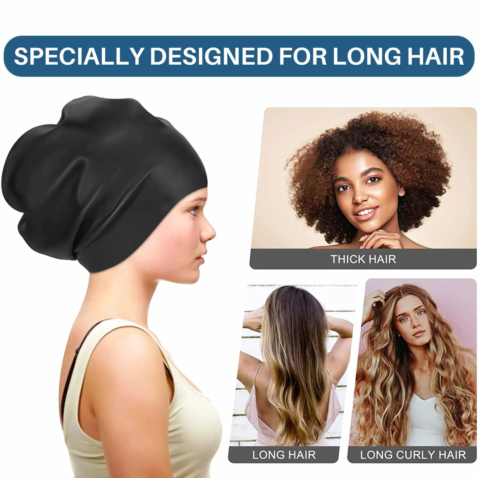 Bonnet de bain en silicone extra large noir pour cheveux longs