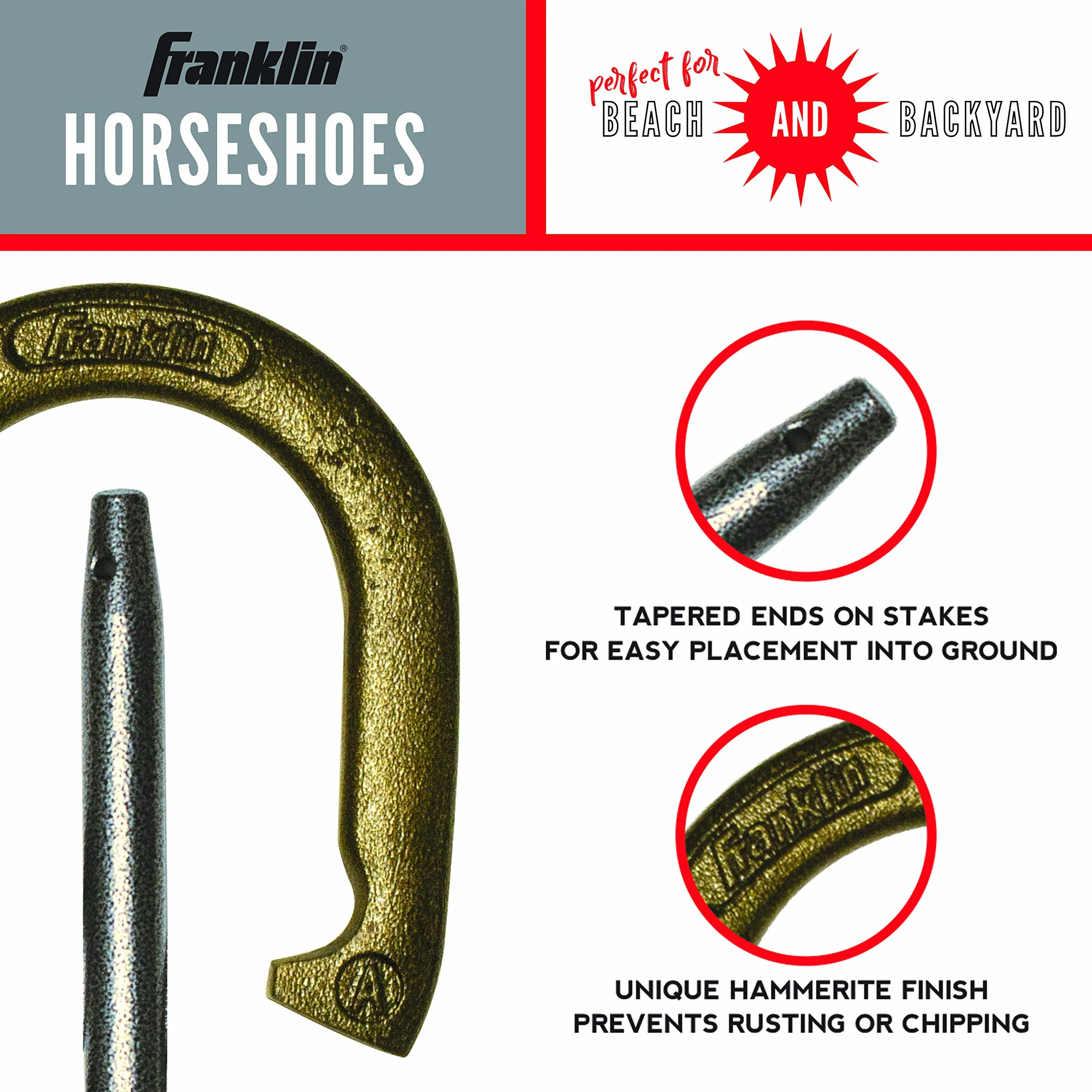 Franklin Sports Ensemble de fers à cheval officiels en acier lesté pour le jeu, pour adultes et enfants, plage, pelouse - 4 fers à cheval et 2 piquets de sol