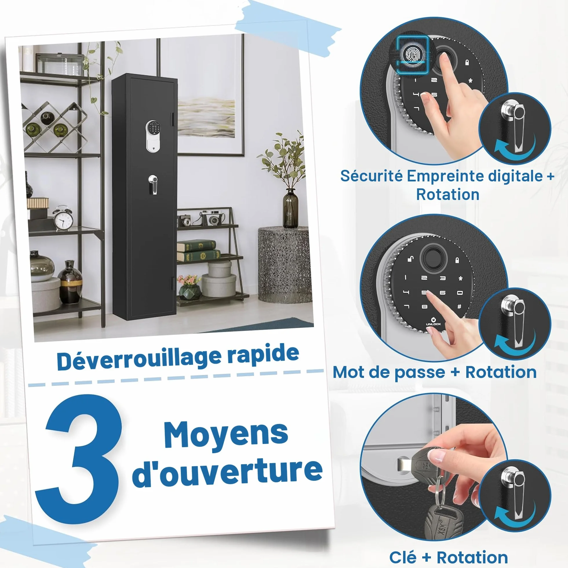 UISEBRT Armoire à armes pour 3 à 5 fusils - Armoire à munitions - Avec serrure électronique et empreintes digitales - Réglable - Pour armes longues, pistolets et munitions
