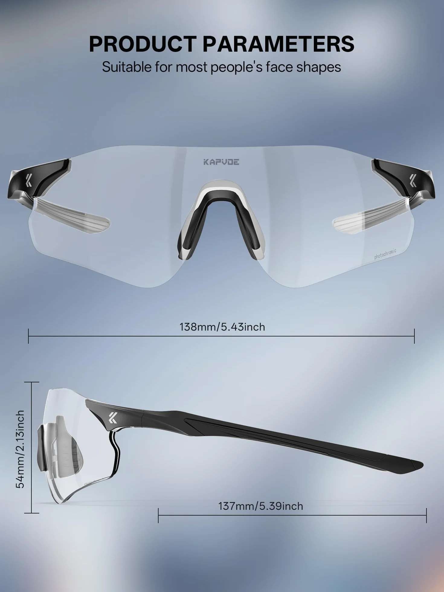 KAPVOE Lunettes de Soleil Sport Photochromiques Homme Femme, Lunettes UV400 22g Ultra Légères avec Plaquette de Nez en Silicone Réglable, Running Cyclisme Baseball Conduite K108