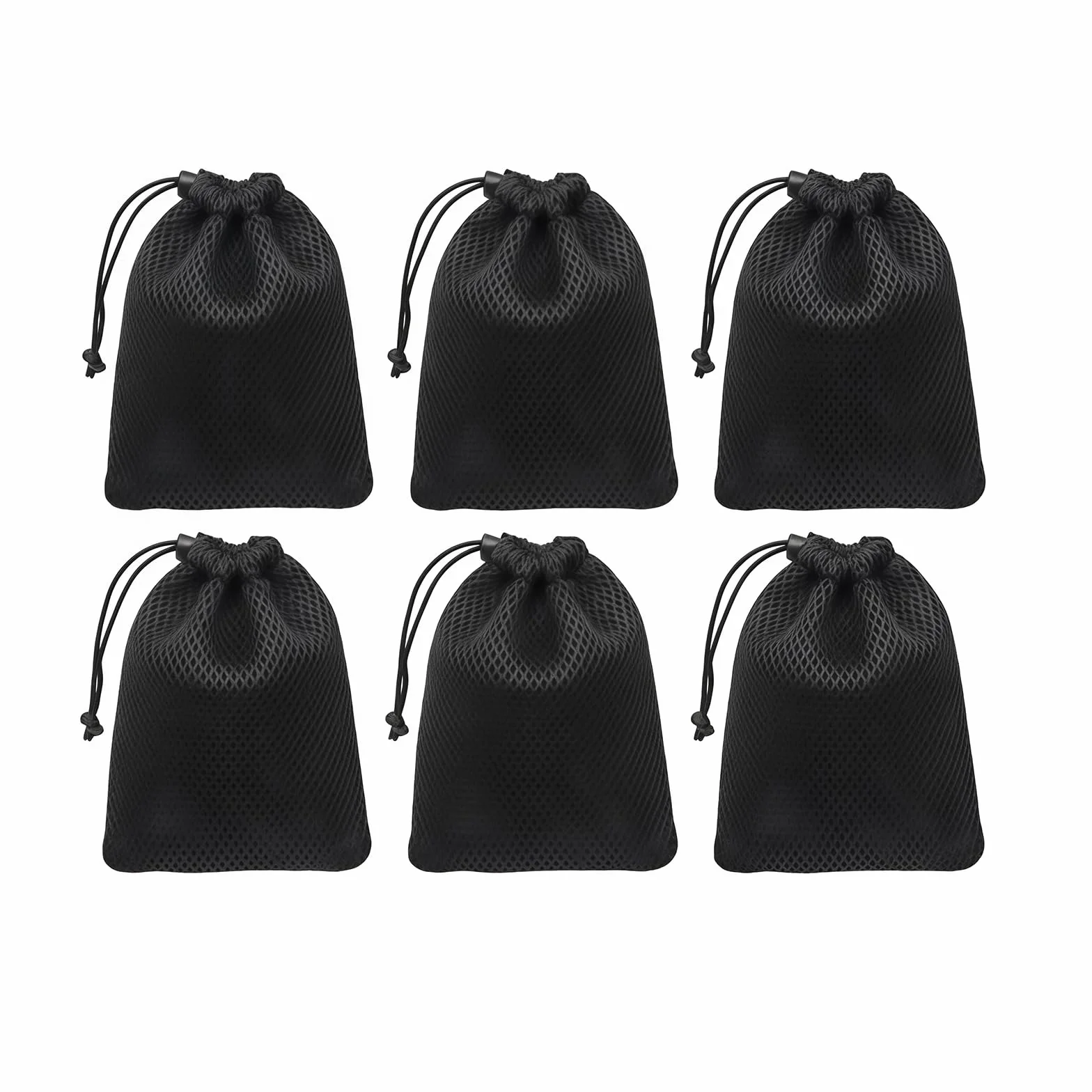 Lot de 6 petits sacs de rangement en maille de nylon noir avec cordon de serrage pour mini affaires, téléphone portable, MP3, cosmétiques - 10 x 15 cm