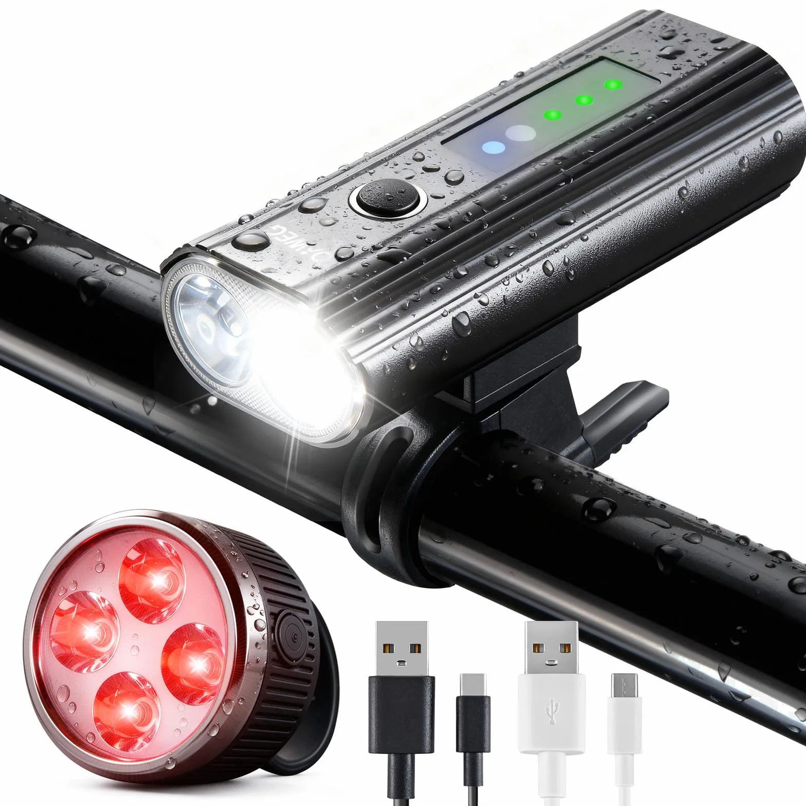 Kit Éclairage Vélo USB Rechargeable, Lampe Avant 700 Lumens, Feu Arrière 280 Lumens, IPX4 Résistant à l’Eau, 5+4 Modes, Support Rotatif 360° pour Vélo Route et VTT