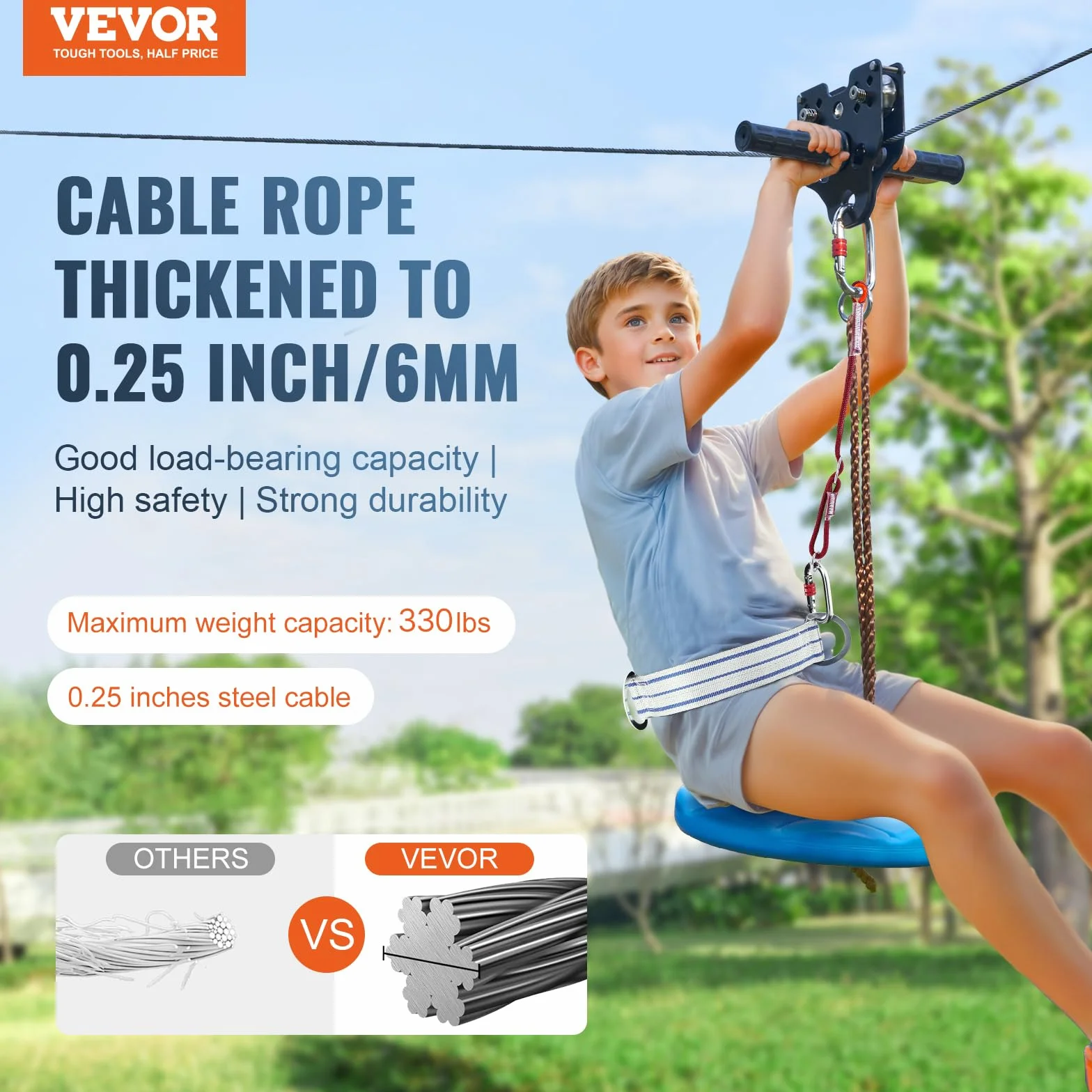 VEVOR Zipline - Kit de tyrolienne Charge jusqu'à 150 kg - avec système de freinage à Ressort amélioré - pour Jardin, extérieur, etc. (Ados Uniquement. Pas pour Adultes)