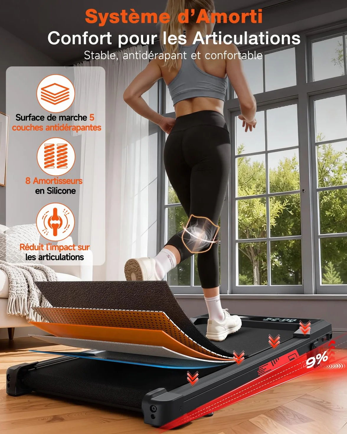 Tapis de Course et de Marche 3 en 1 avec Pente 9%, Tapis Roulant Walking Pad Pliable 1-10 km/h, Moteur sans Balais Silencieux 3,0 HP, 140 kg, LED, Amorti