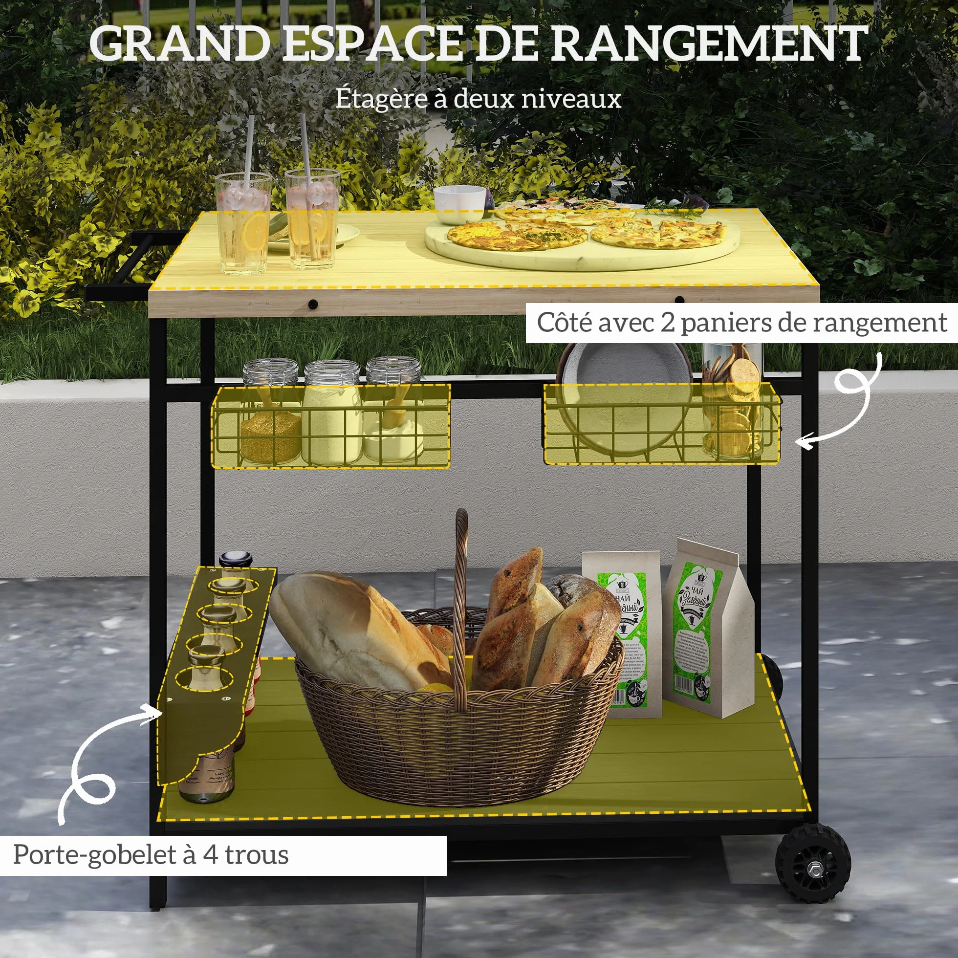 Outsunny Desserte de Jardin Chariot pour plancha Barbecue en Bois et métal 2 Plateaux 2 paniers Porte-Bouteilles 97,5L x 65l x 81H cm Naturel Noir