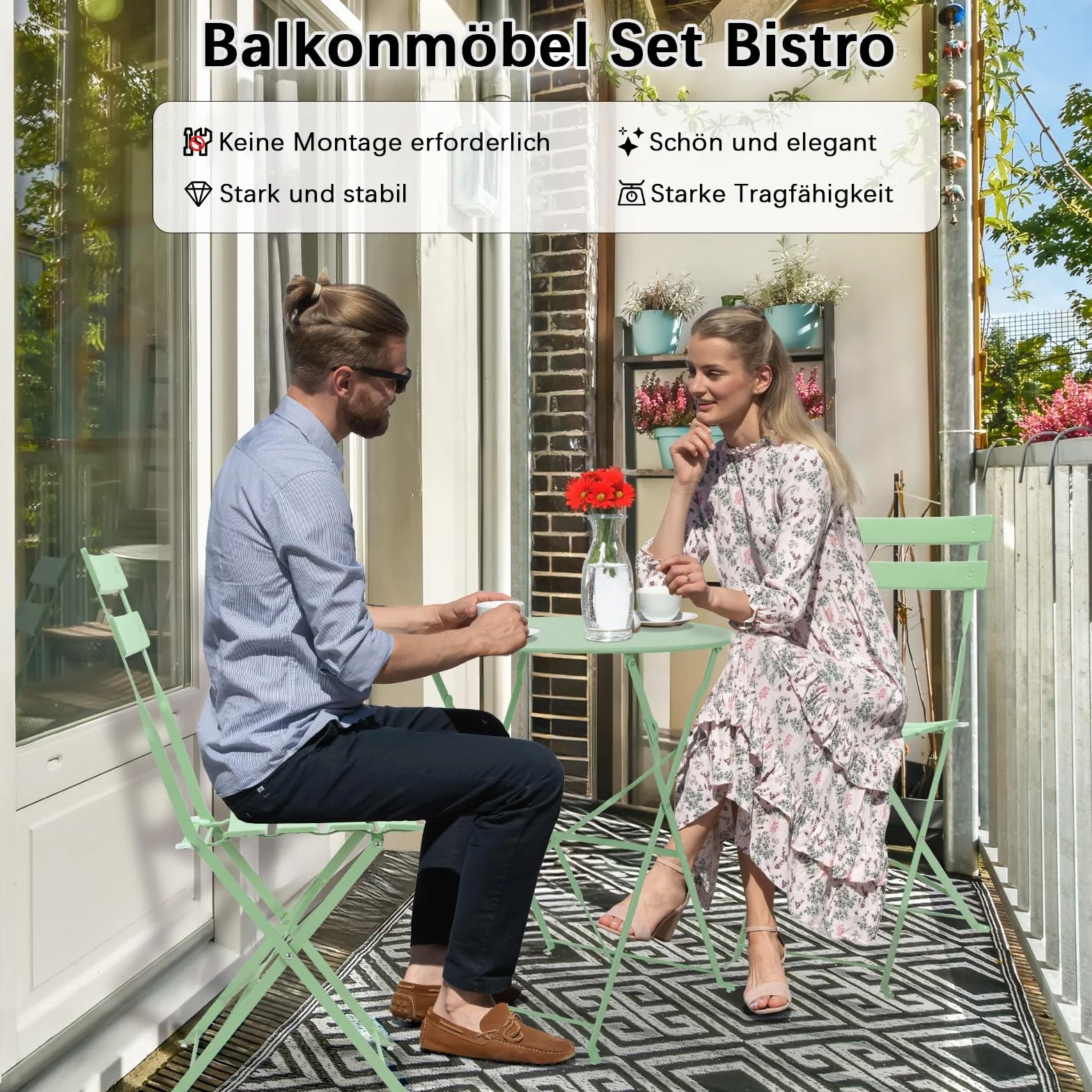 LIFERUN Salon de Jardin Bistrot Pliable, Set de Bistrot en Métal, Table et 2 Chaises Pliantes, 3 Pièces, Vert