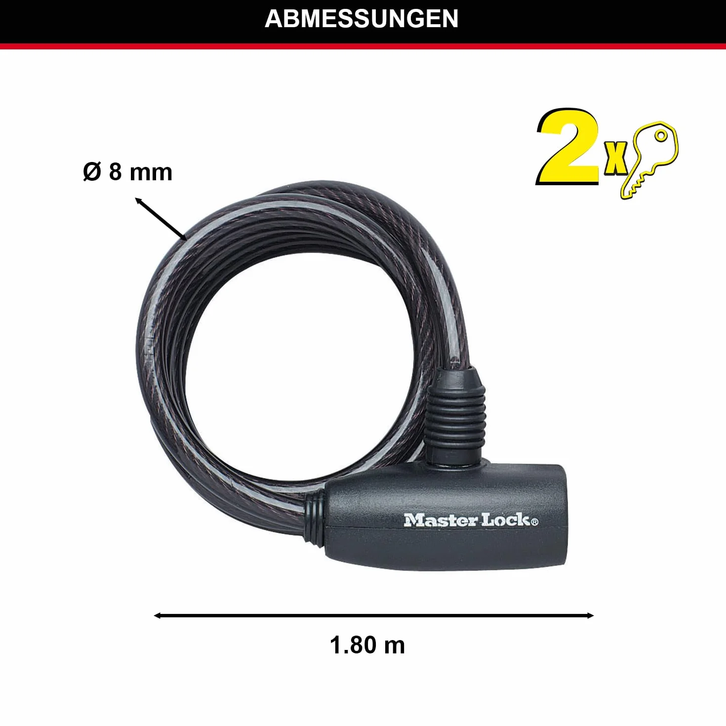 MASTER LOCK Cable Antivol Vélo [1,8 m Câble] [Clé] [Extérieur] 8126EURDPRO - Idéal pour Vélo, Vélo Electrique, Skateboard, Poussettes, Tondeuses et autres Equipements
