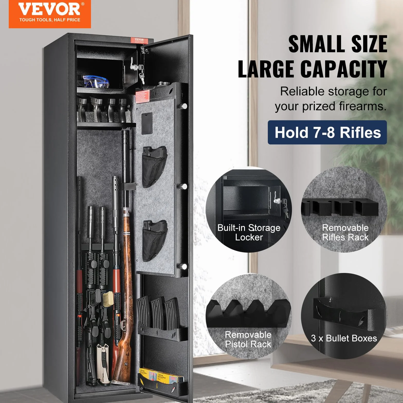 VEVOR Armoire à 7-8 Fusils, Coffre-Fort pour Armes à Feu avec 2 Façons de Verrouillage Clavier Numérique et Clés, avec Casier Intégré et Étagère Amovible, pour Rangements des Armes Longues, Maison