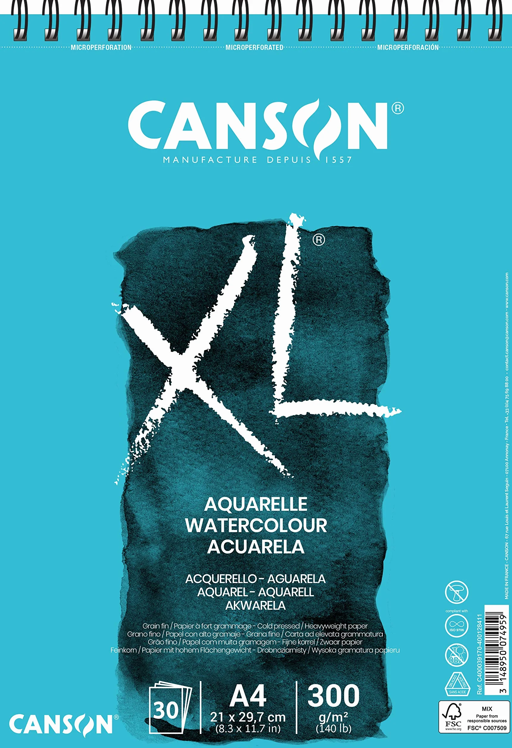 CANSON Bloc Dessin XL Aquarelle A4 300g Grain Fin 30 Feuilles