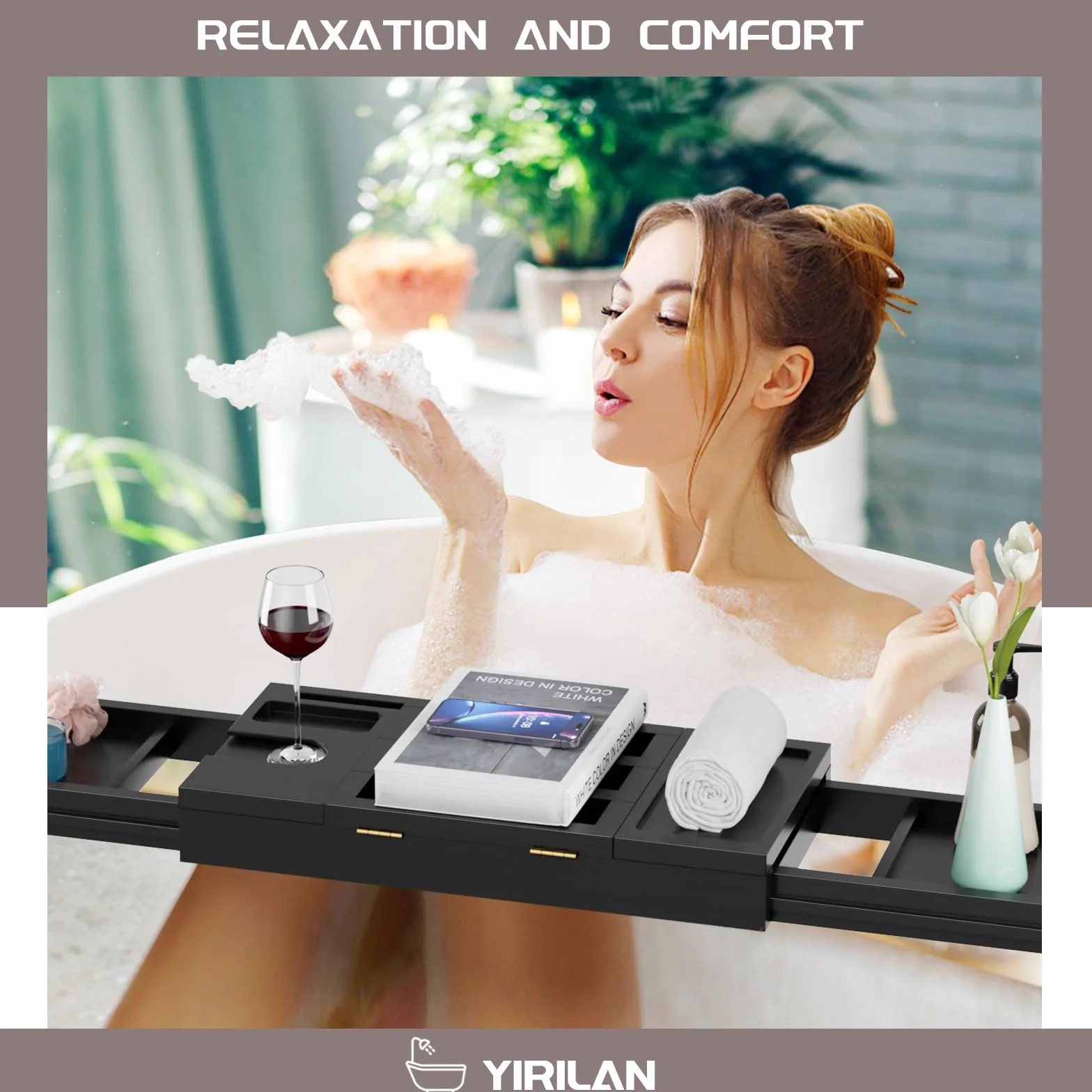 Plateau de baignoire en bambou extensible étanche Noir