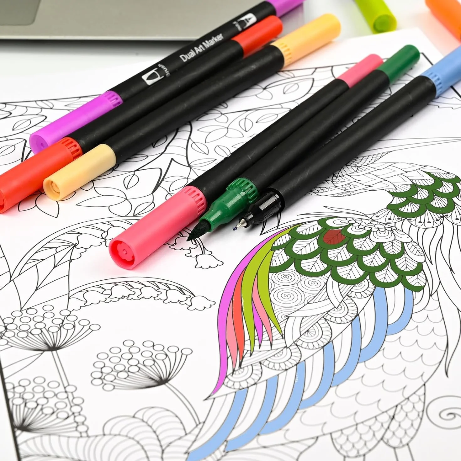 Livre de coloriage pour adultes avec 36 stylos double pinceau, 30 motifs relaxants, spirales