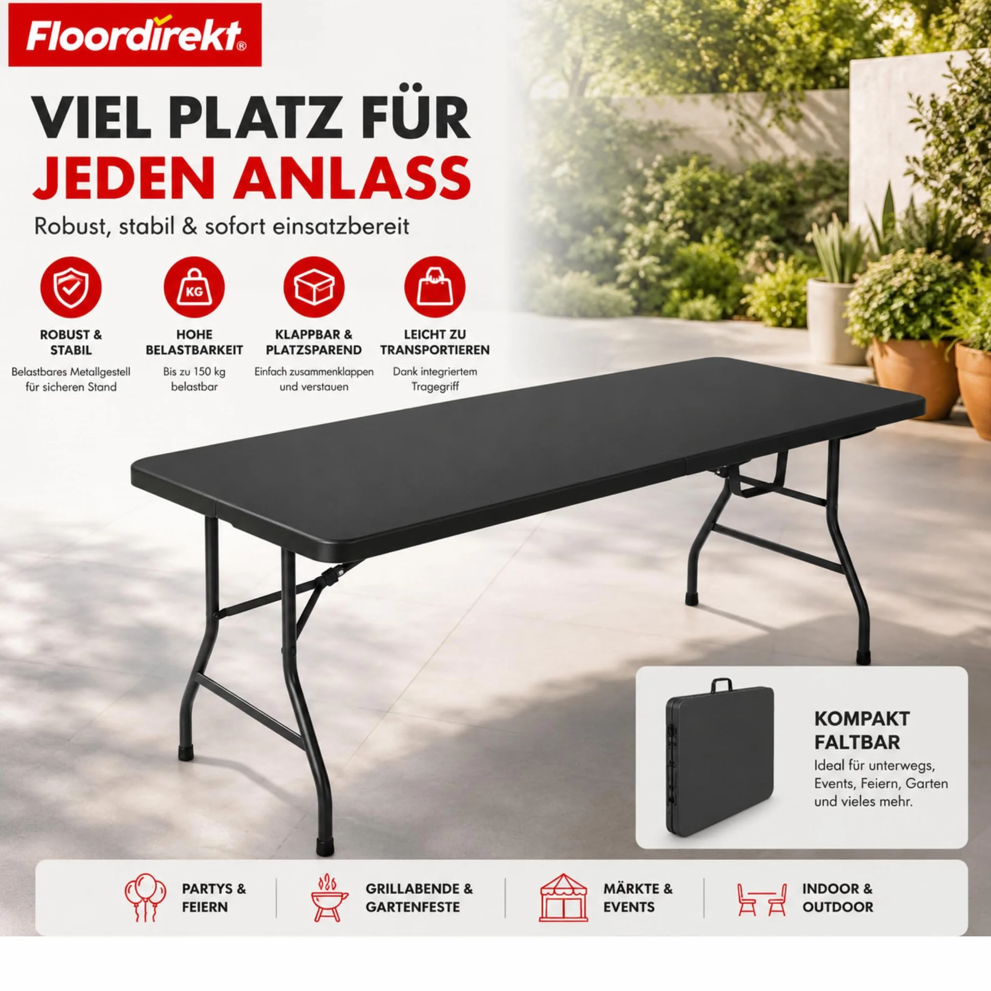 Table de Jardin Pliable en Plastique 180 x 73 cm avec Poignée de Transport - Table Pliante pour Jardin, Terrasse et Balcon - Table de Camping pour 6 Personnes (Kyoto)