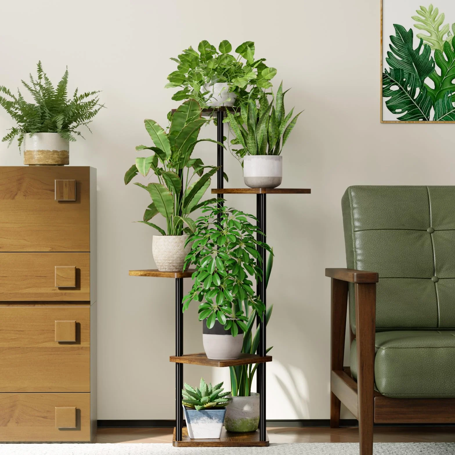 Bamworld Support Plantes Intérieur À 5 Niveaux, Étagère Plante En Métal Brun