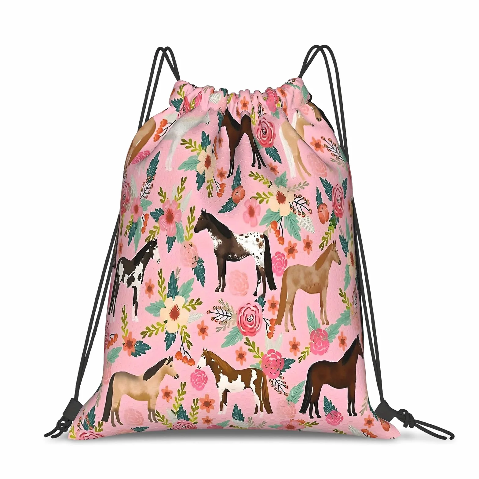 Sac de gym design cheval et fleurs - Pliable - Grande capacité - Cordon de serrage - Sac de sport multifonction et sac à dos de natation - Sac à cordon de serrage pour le sport, la salle de gym, les