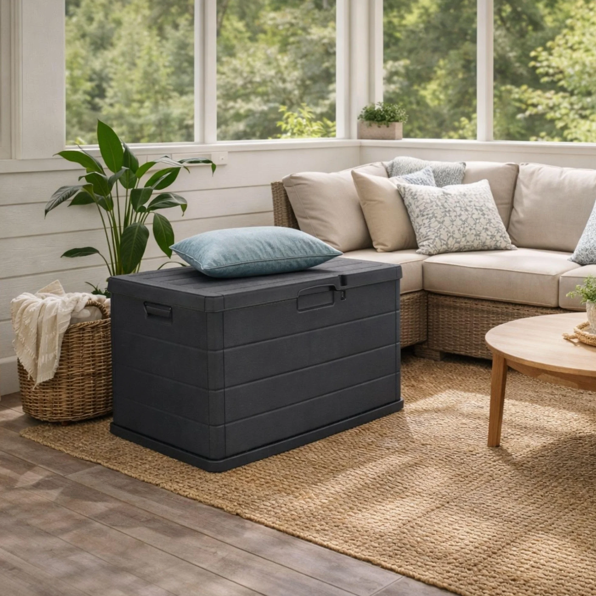 Maury's Coffre Cassapanca 170 Litres Effet Bois, Conteneur de Stockage en Résine Anthracite 78x55x52 cm
